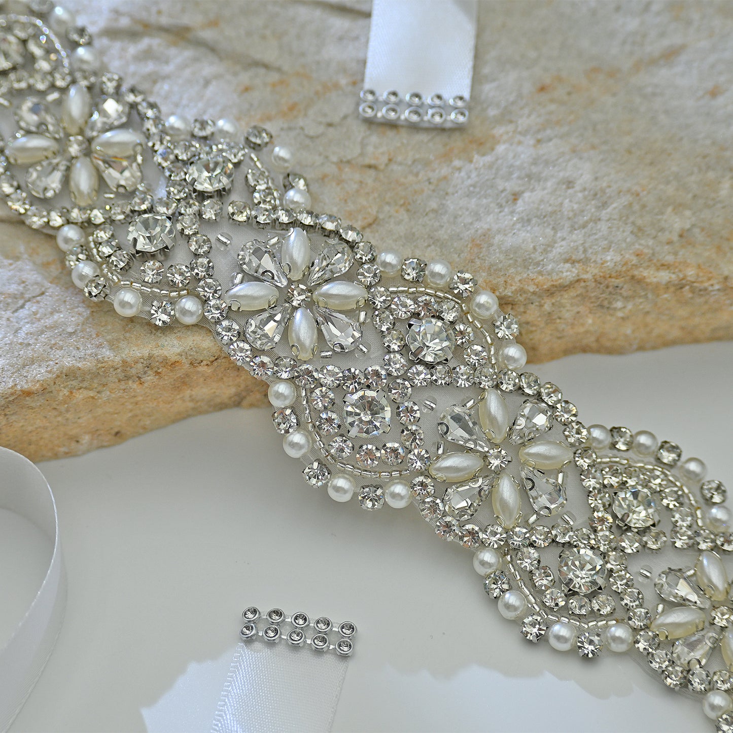 Bridella BS153 White Rhinestone & Pearl Belt