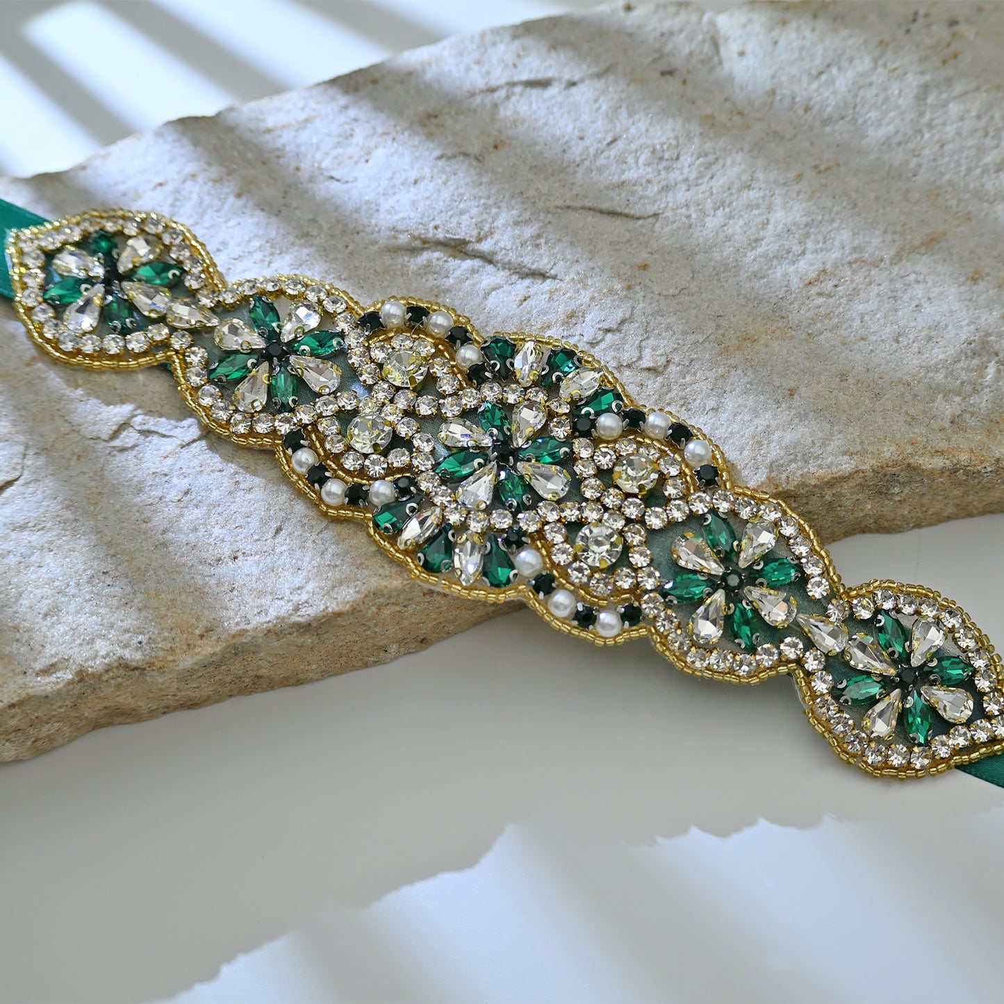 Bridella BS94KL Green Rhinestone & Pearl Belt