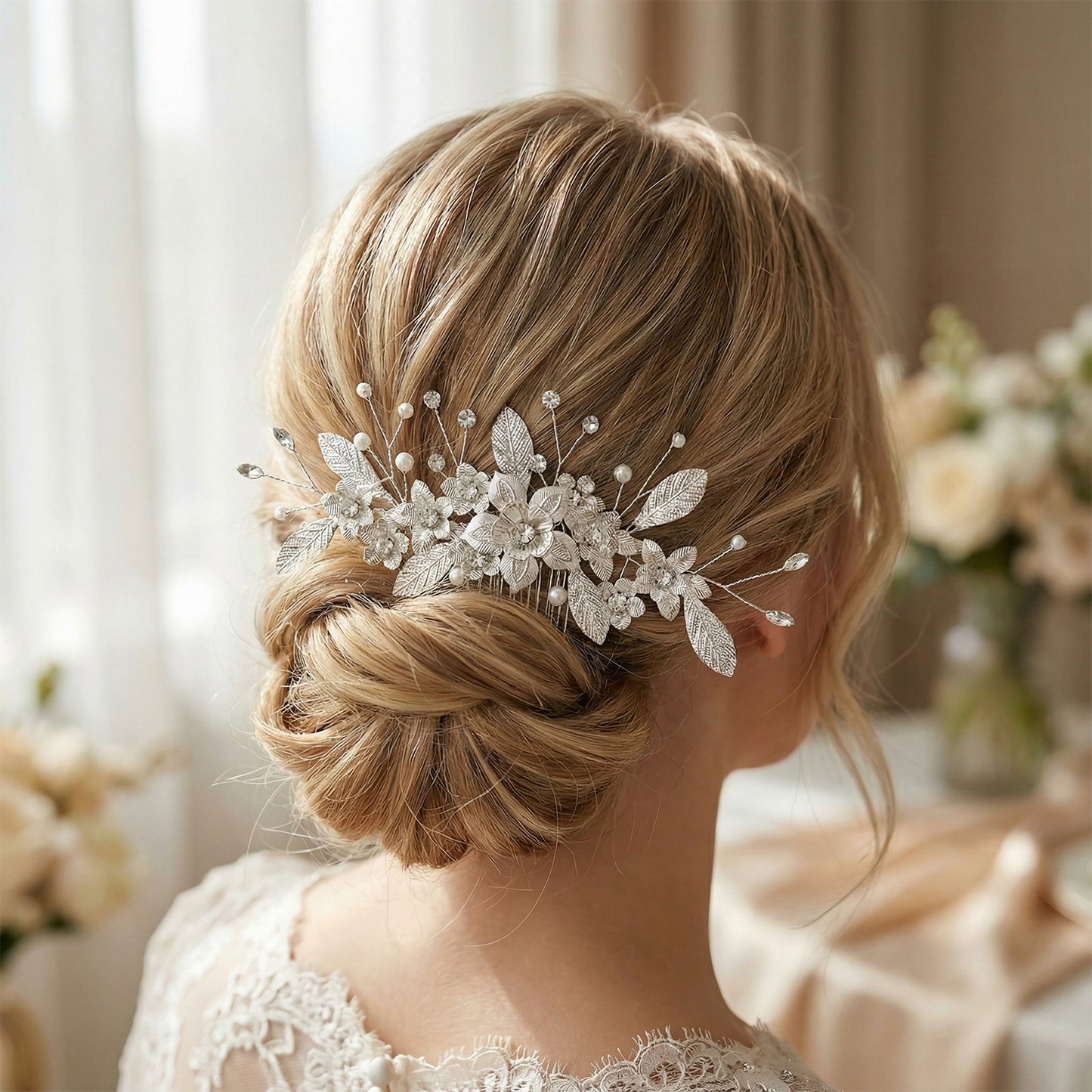 Bridella BHP520-S Silver Rhinestone & Pearl Hair Comb