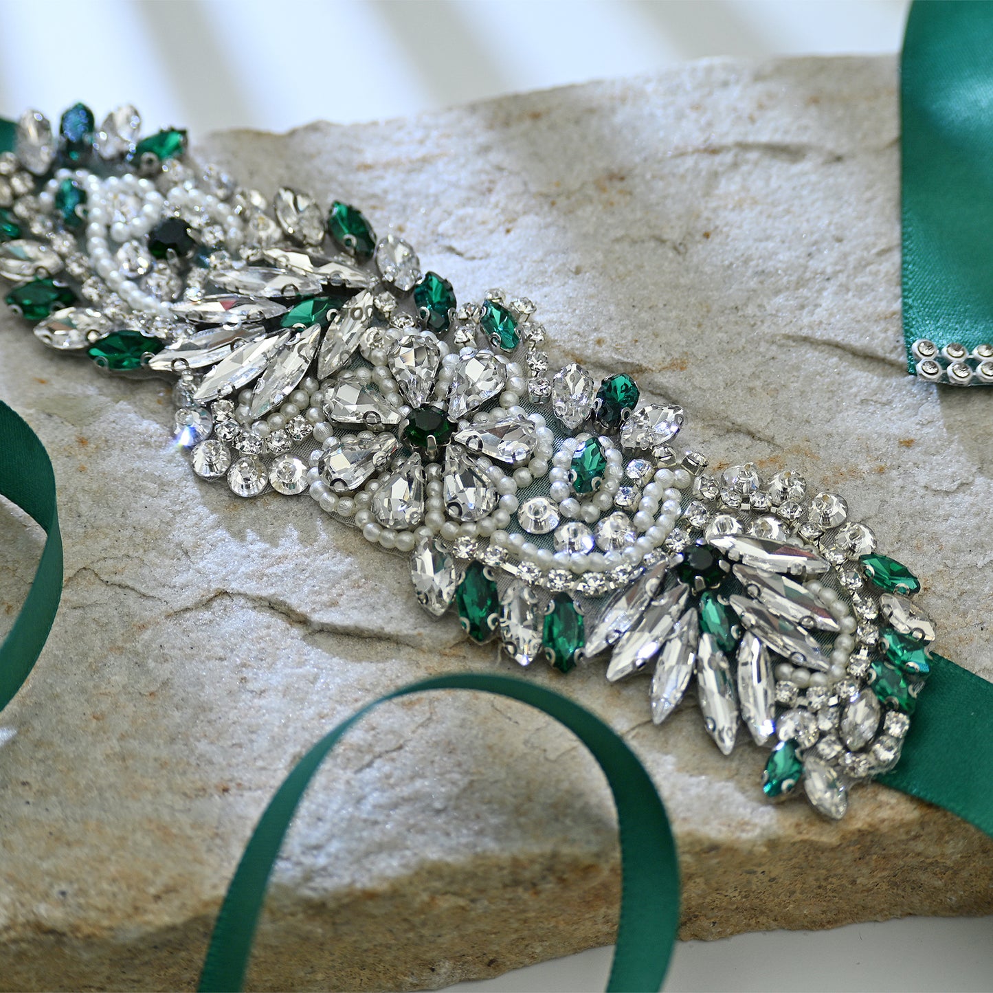 Bridella BS22 Green Rhinestone & Pearl Belt