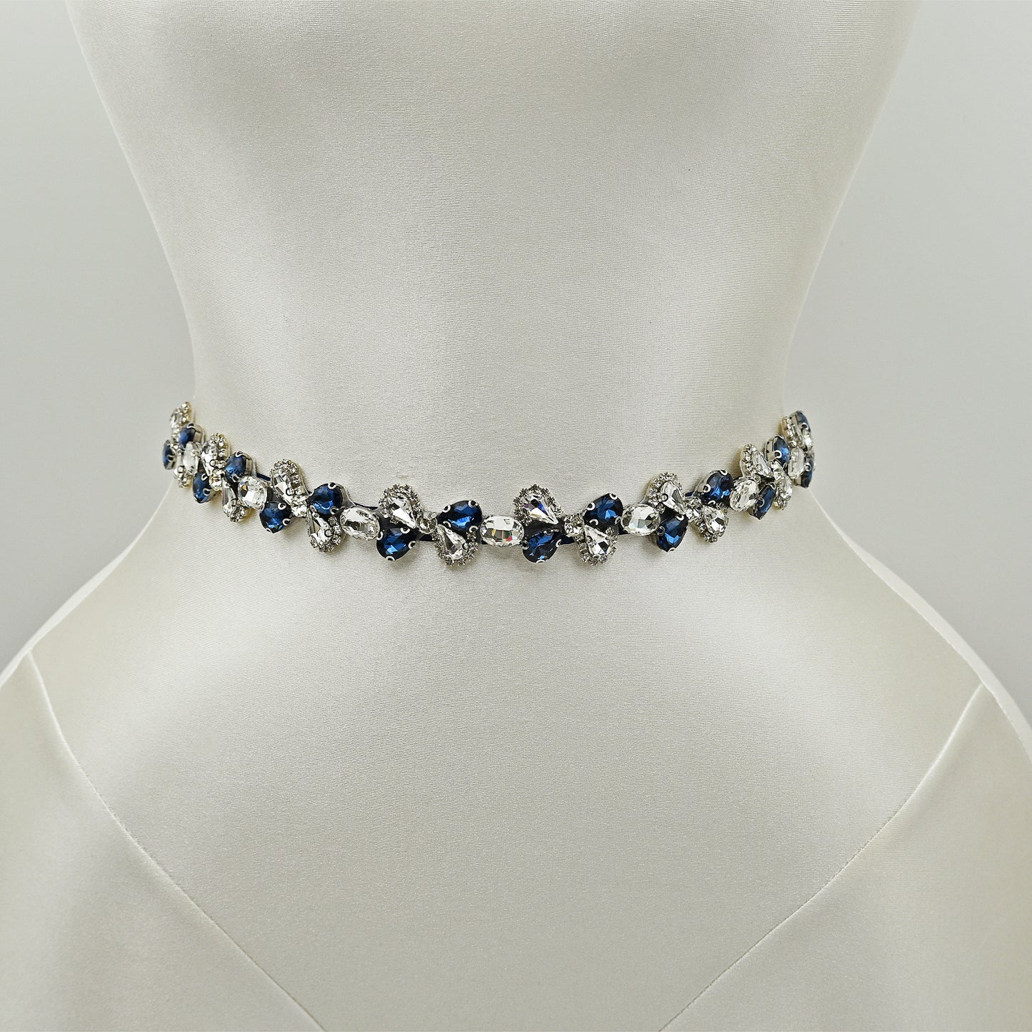 Navy Blue Rhinestone Bridal Belt Adjustable Waist Sash Bridella BS212ML