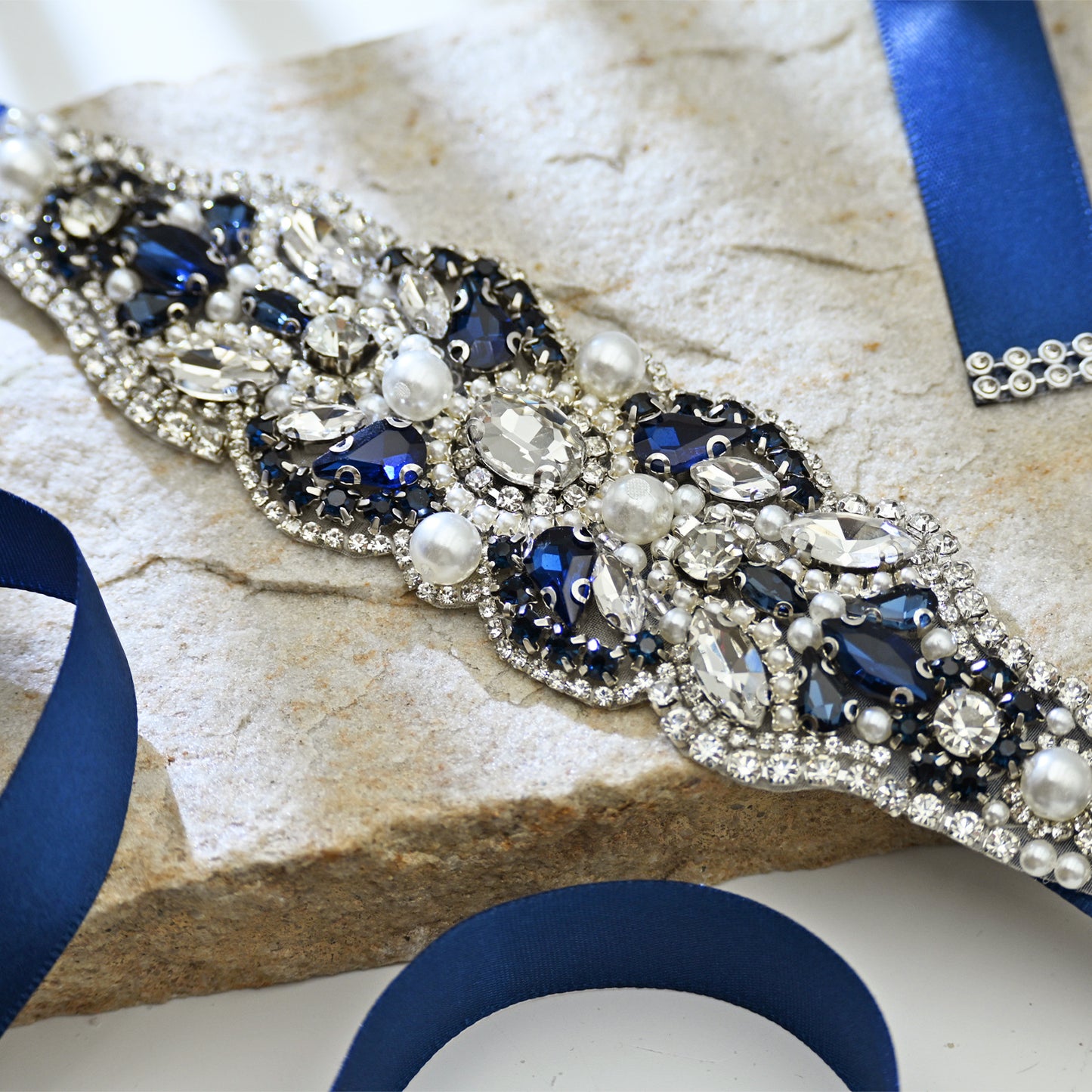 Navy Rhinestone Pearl Bridal Belt Wedding Sash - Bridella BS87ML