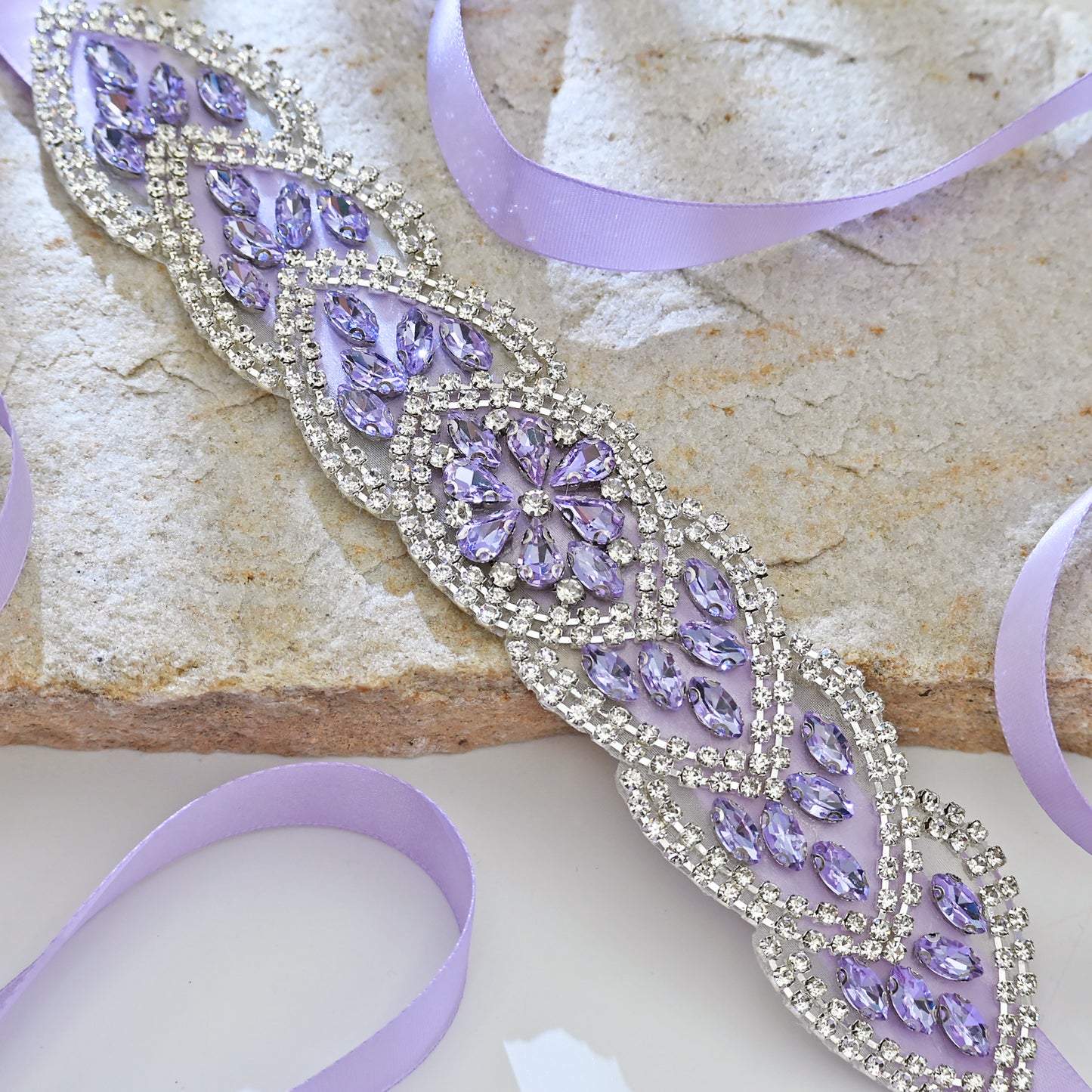 Lavender Rhinestone Bridal Sash Ribbon Wedding Dress Belt – Bridella BS248LA