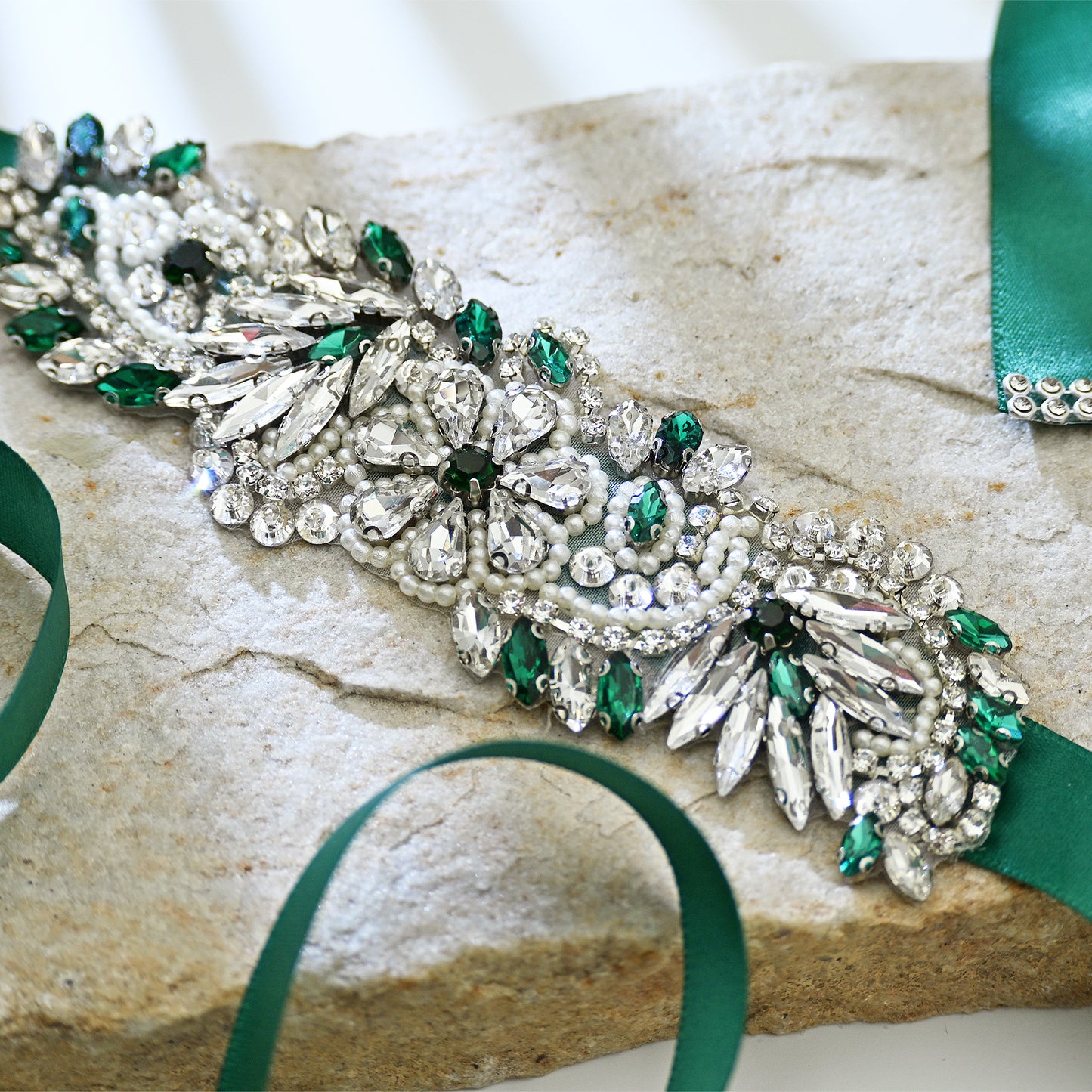 Green Rhinestone Pearl Bridal Belt Wedding Sash – Bridella BS22
