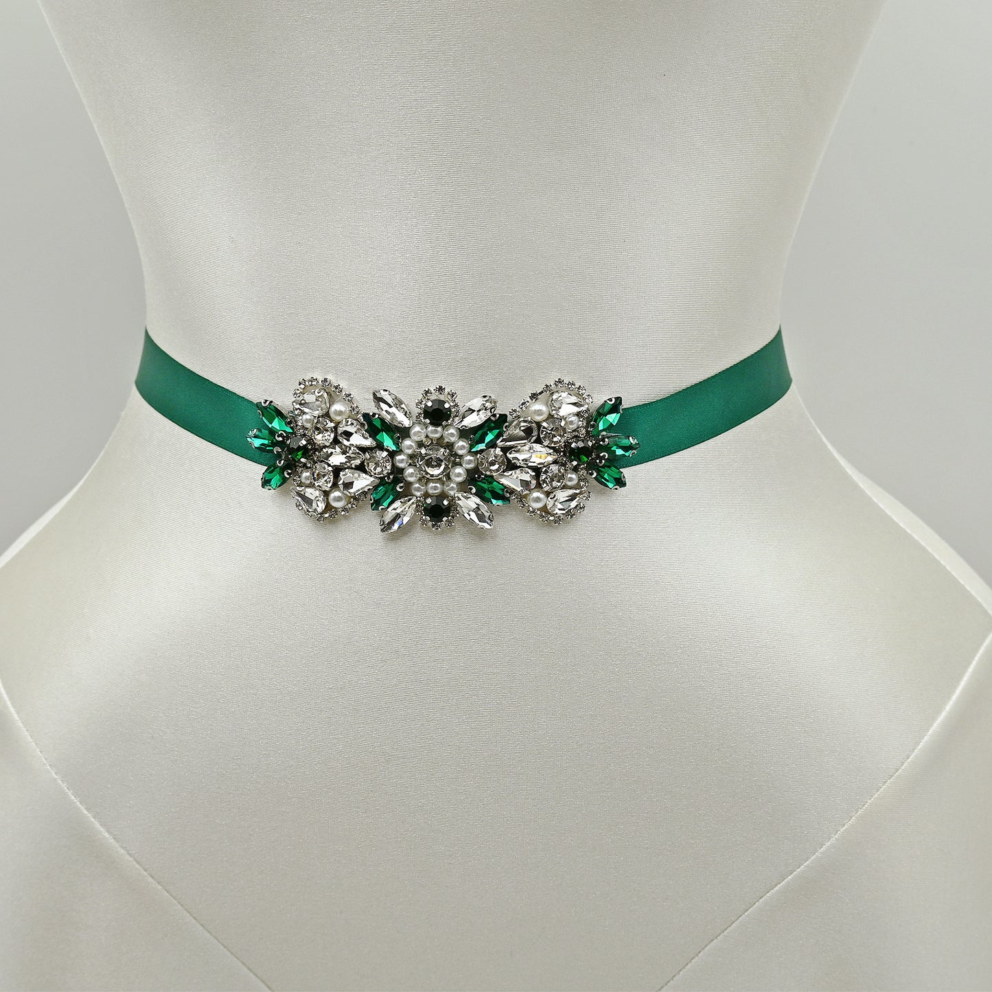 Green Rhinestone Pearl Bridal Belt Wedding Sash - Bridella BS86KL