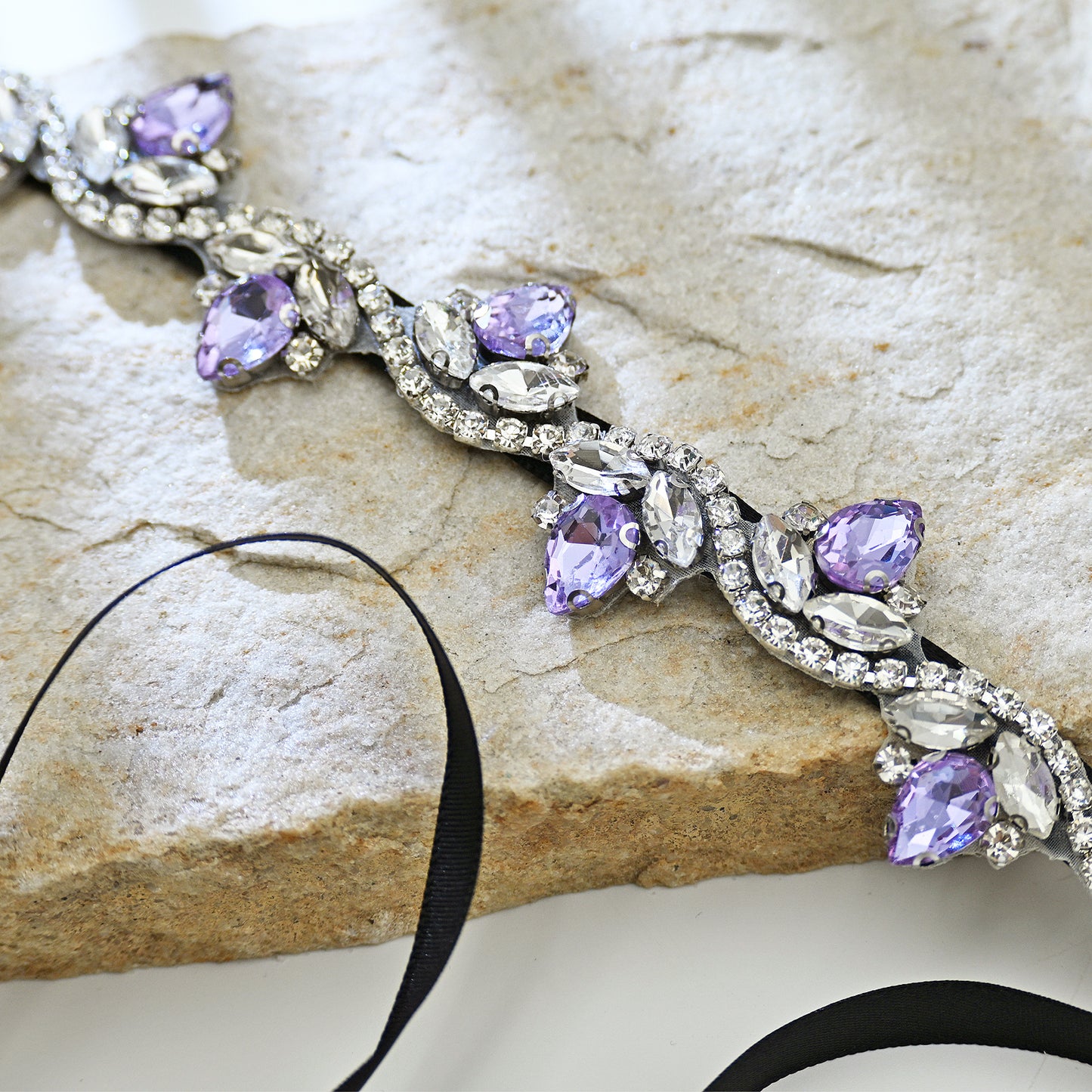 Lavender Rhinestone Bridal Belt with Black Ribbon Waist Sash Bridella BS211-LA
