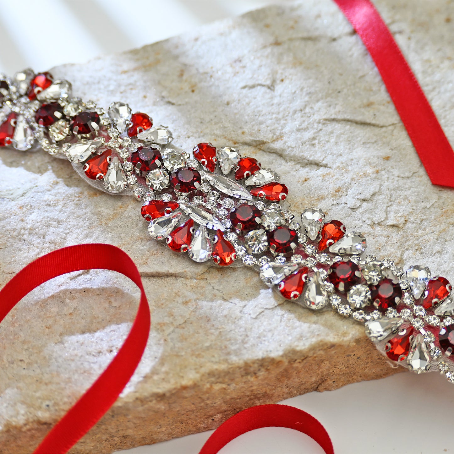 Red Rhinestone Bridal Dress Belt for Wedding - Bridella BS165R