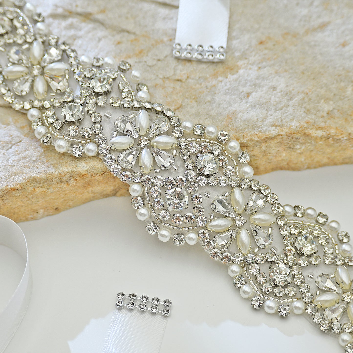 White Rhinestone & Pearl Bridal Belt Sash for Wedding - Bridella BS153
