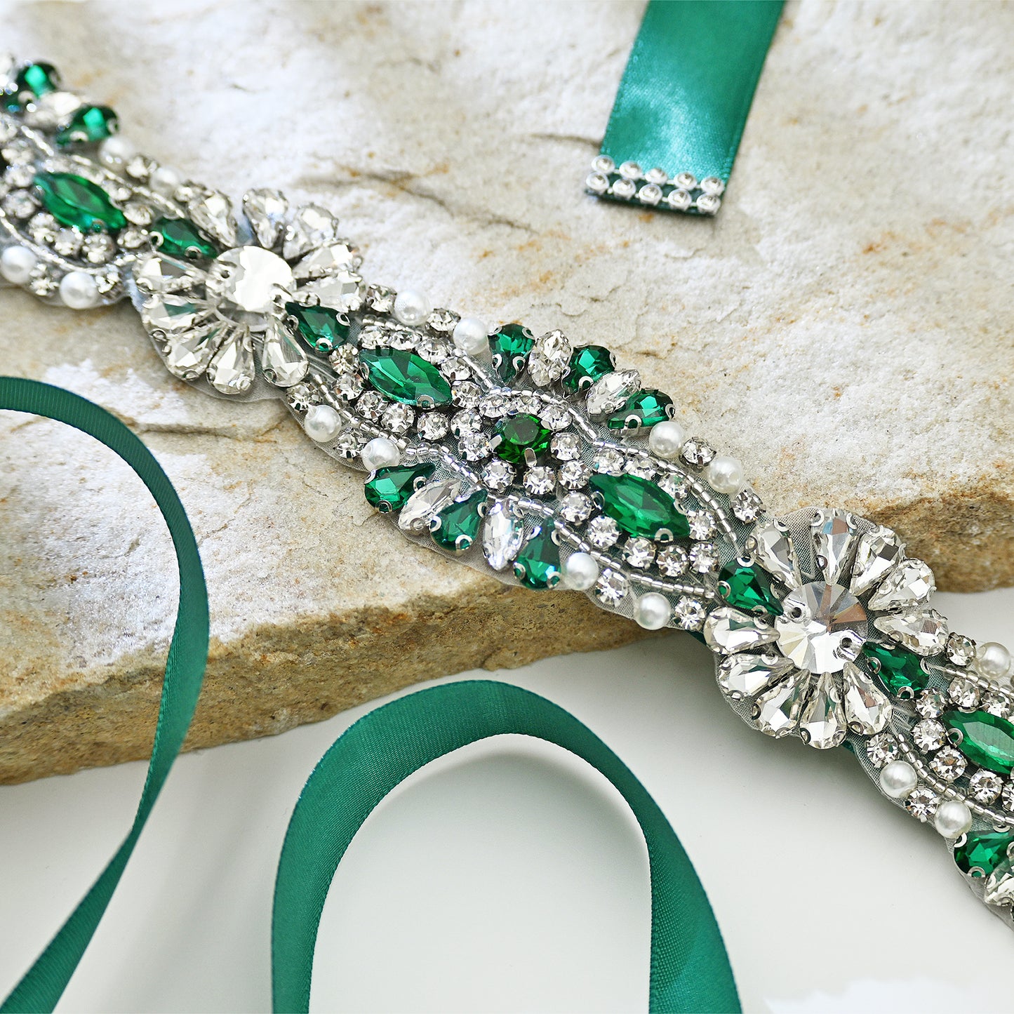 Green Rhinestone Bridal Belt with Ribbon Tie Waist Sash Bridella BS237KL