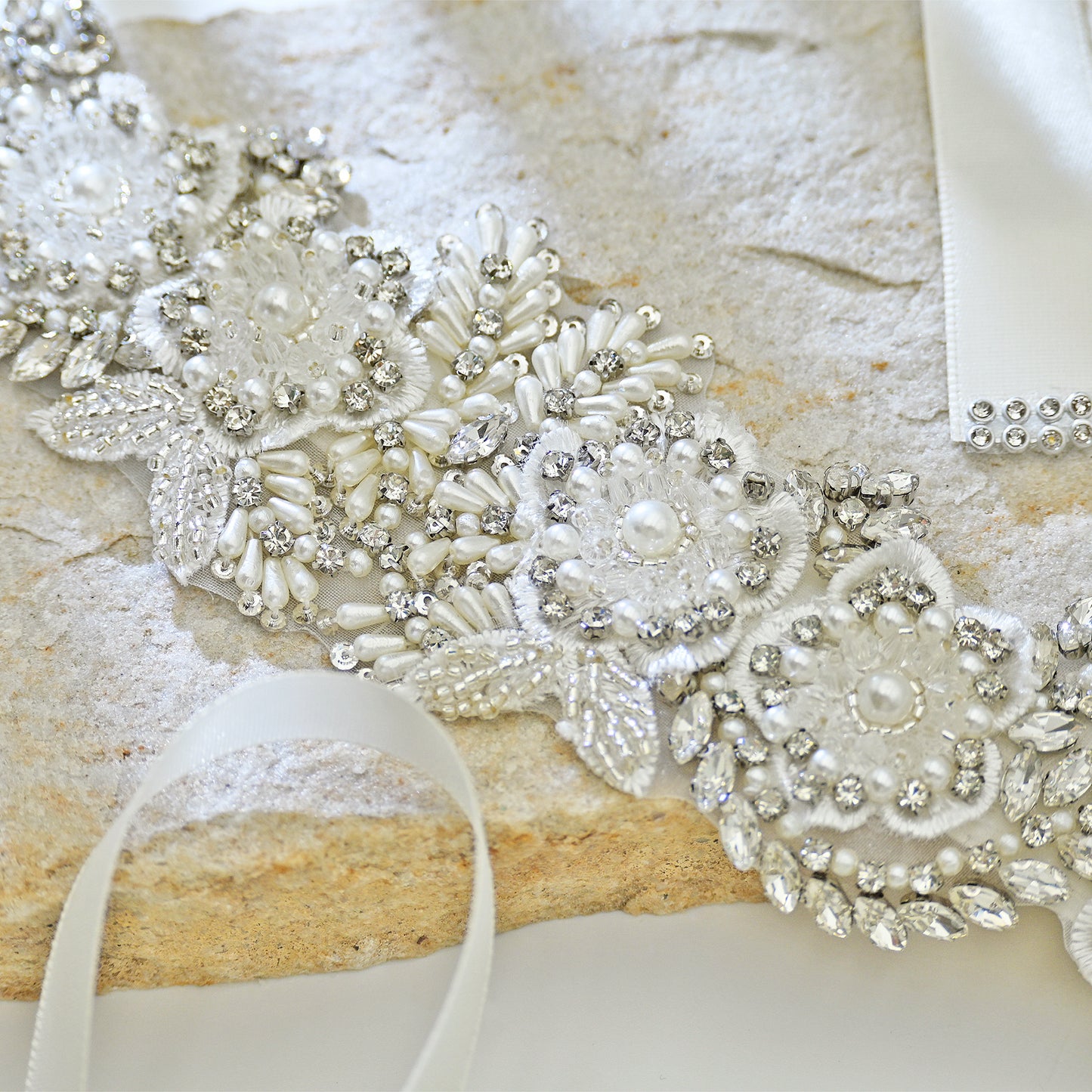 Off White Rhinestone Pearl Bridal Belt Wedding Sash - Bridella BS83