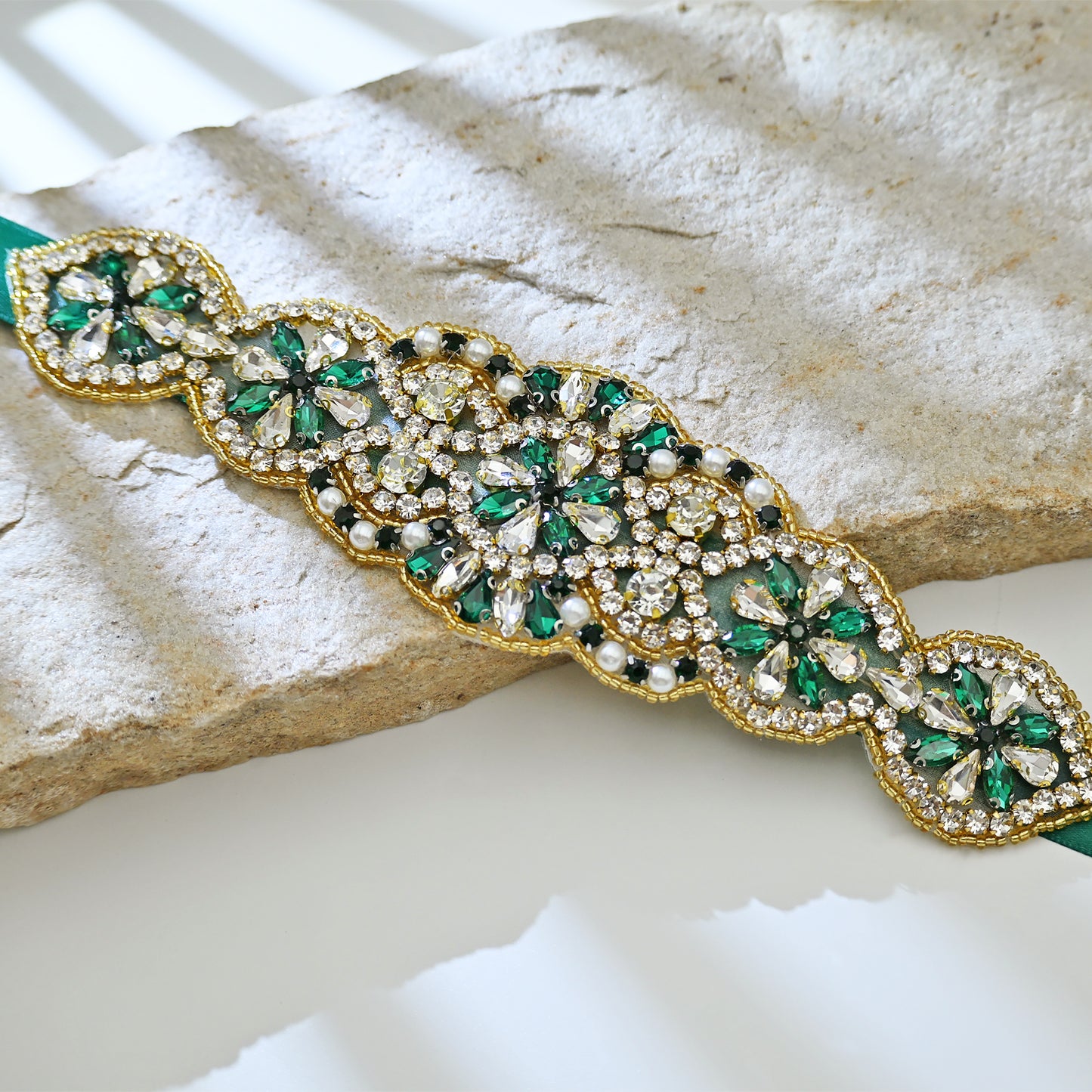 Green Rhinestone Pearl Bridal Belt Wedding Sash - Bridella BS94KL