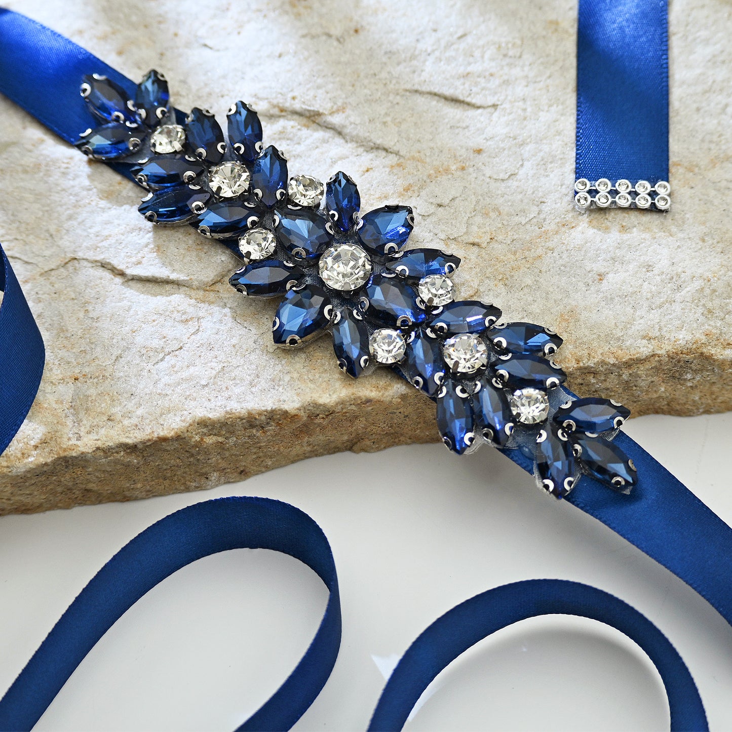 Navy Blue Rhinestone Bridal Sash Ribbon Wedding Dress Belt – Bridella BS243ML