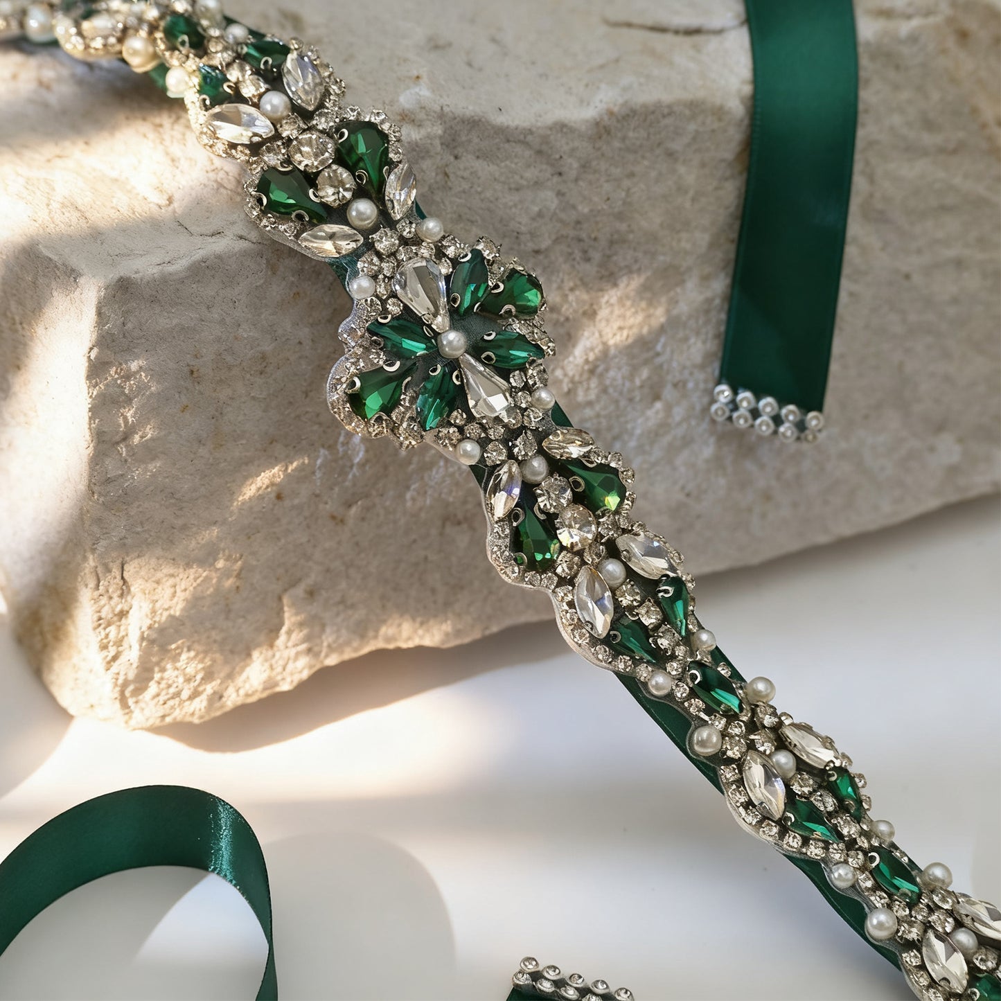 Bridella BS39KL Green Rhinestone & Pearl Belt