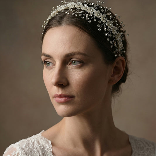 Bridella BHP543-S Silver Rhinestone & Flower Headband