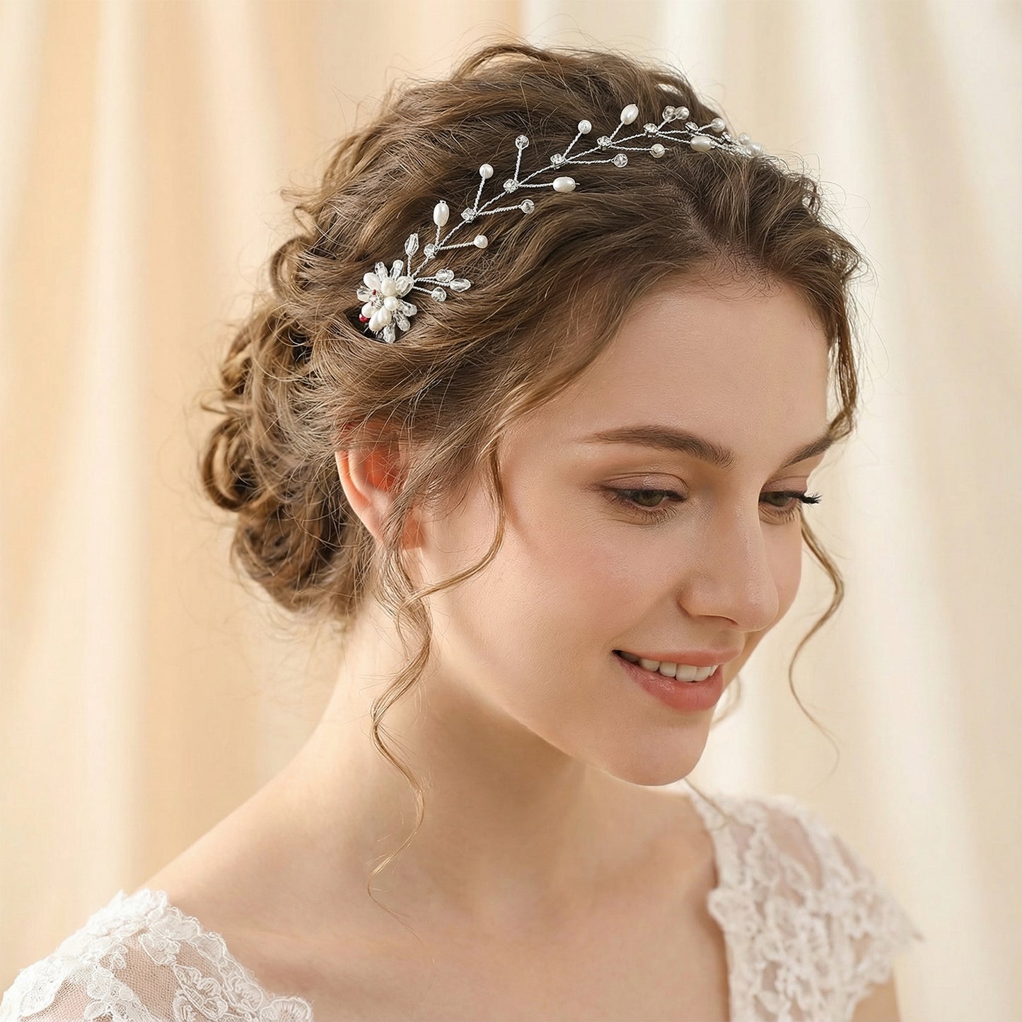Bridella BHP35-S Silver Rhinestone & Pearl Headband