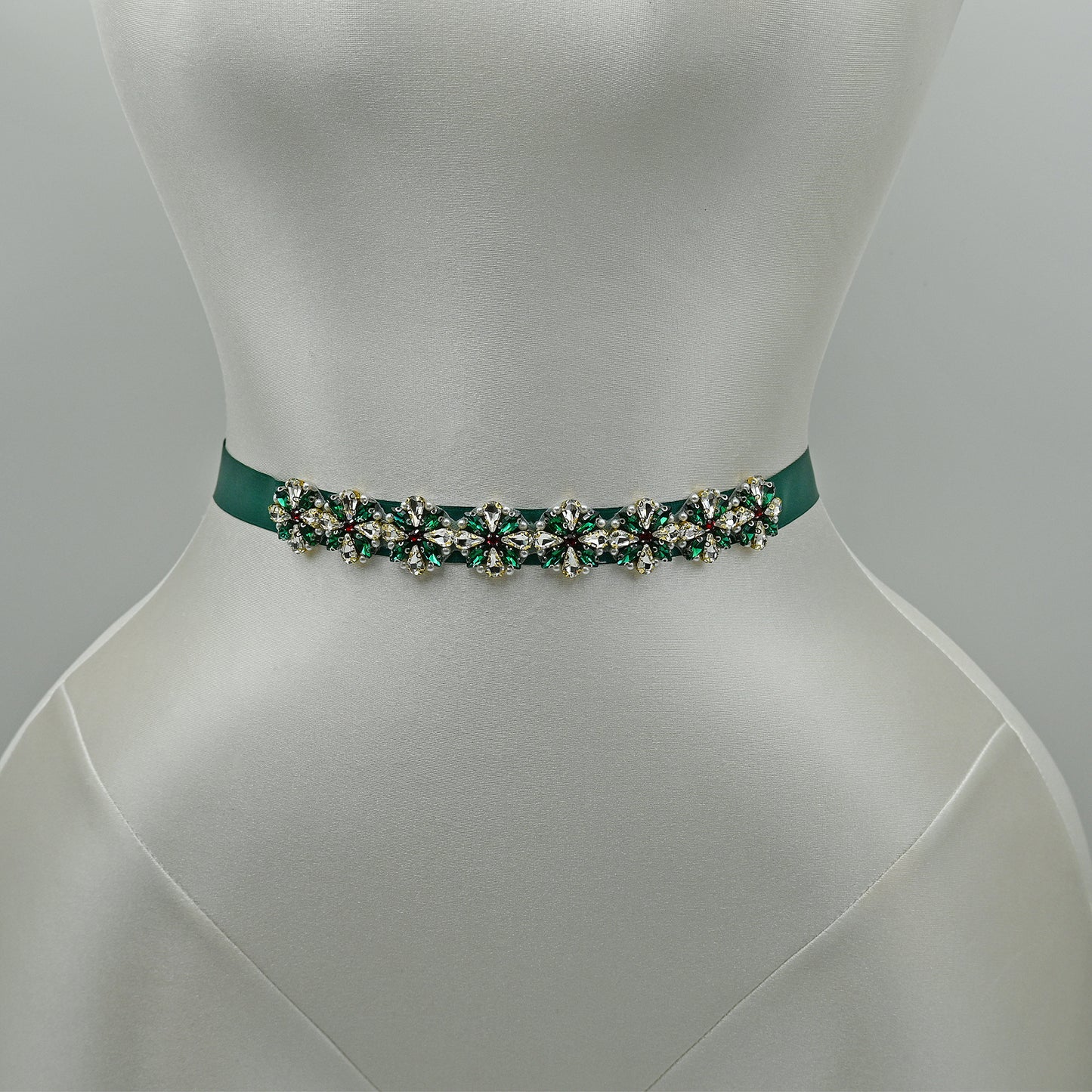Bridella BS205-Green Ribbon Rhinestone & Pearl Belt