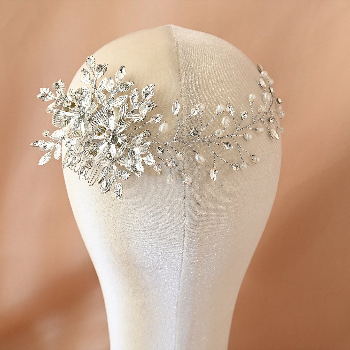 Bridella BHP511-S Silver Rhinestone & Pearl Hair Comb