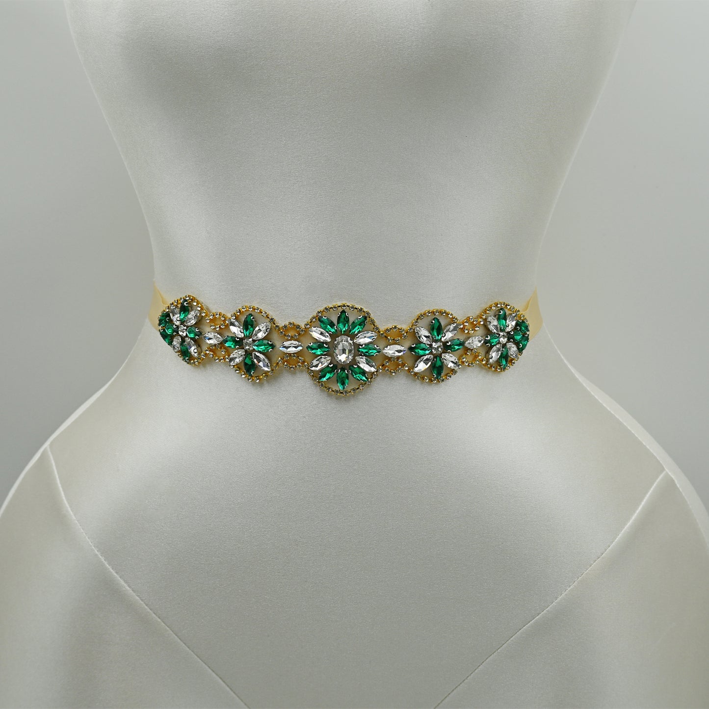 Bridella BS257- Champagne Ribbon Green Rhinestone Belt