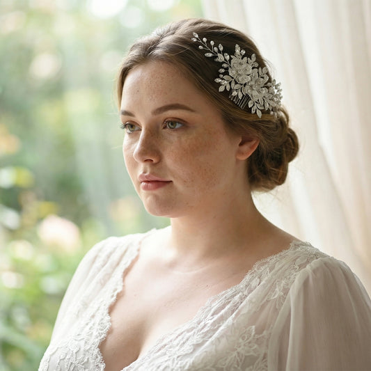 Bridella BHP520-S Silver Rhinestone & Pearl Hair Comb