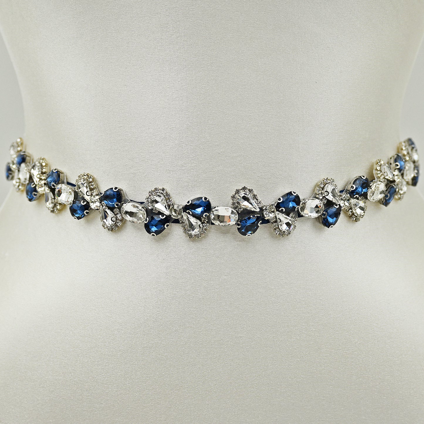 Navy Blue Rhinestone Bridal Belt Adjustable Waist Sash Bridella BS212ML
