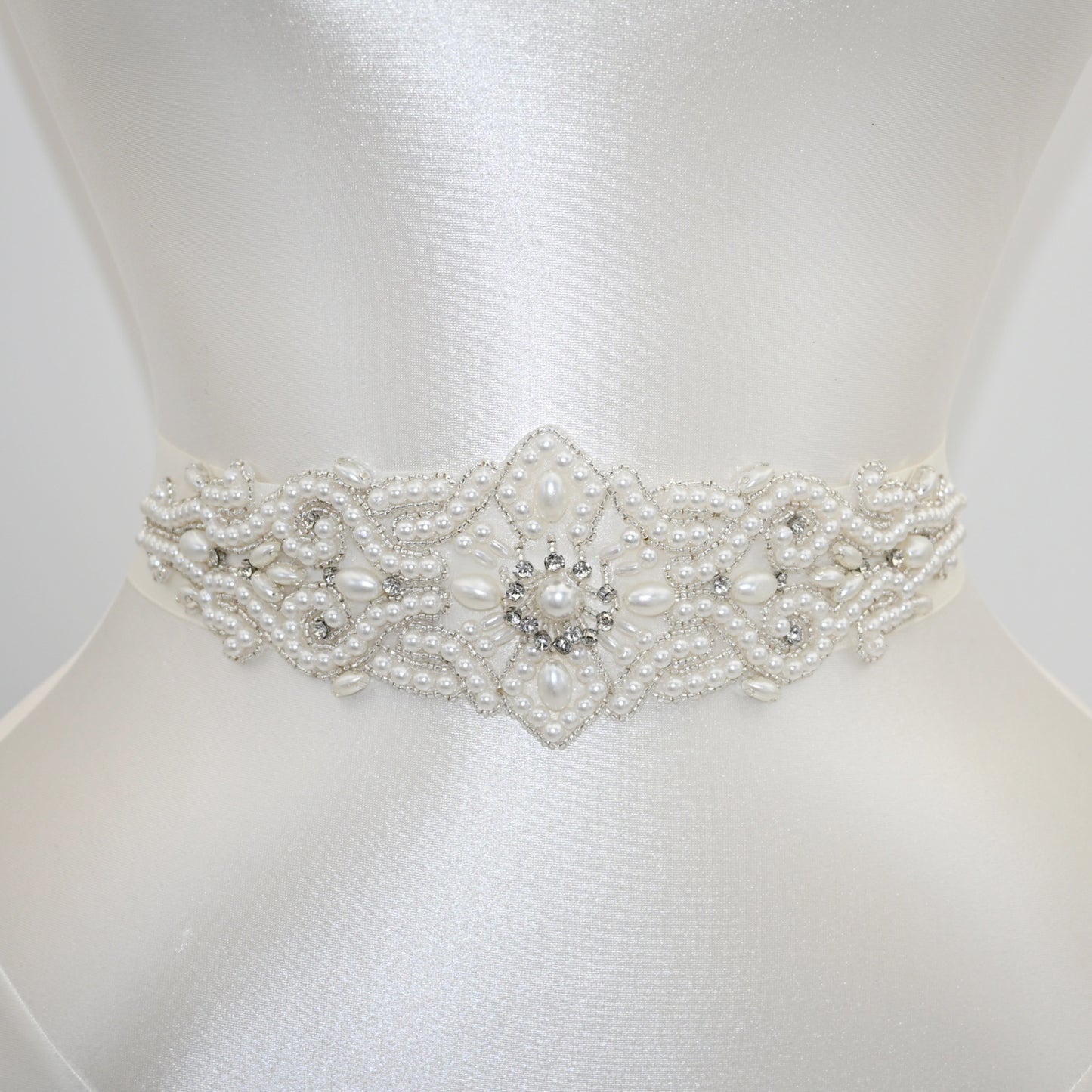 Ivory Rhinestone & Pearl Belt - Bridella BS26A