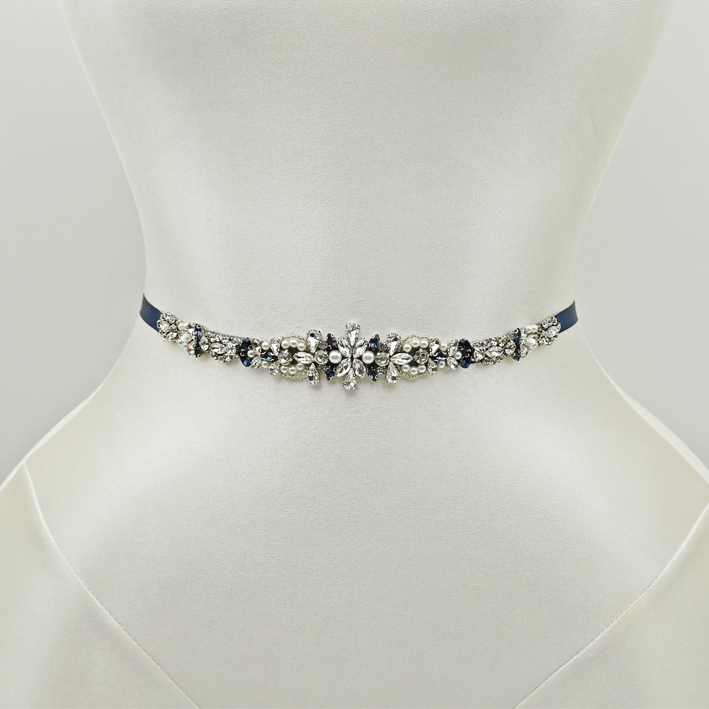 Navy Rhinestone Pearl Bridal Belt Wedding - Bridella BS93ML