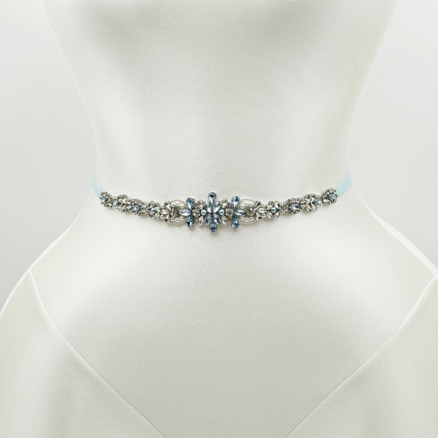 Light Blue Rhinestone & Pearl Bridal Dress Belt for Wedding - Bridella BS93QL