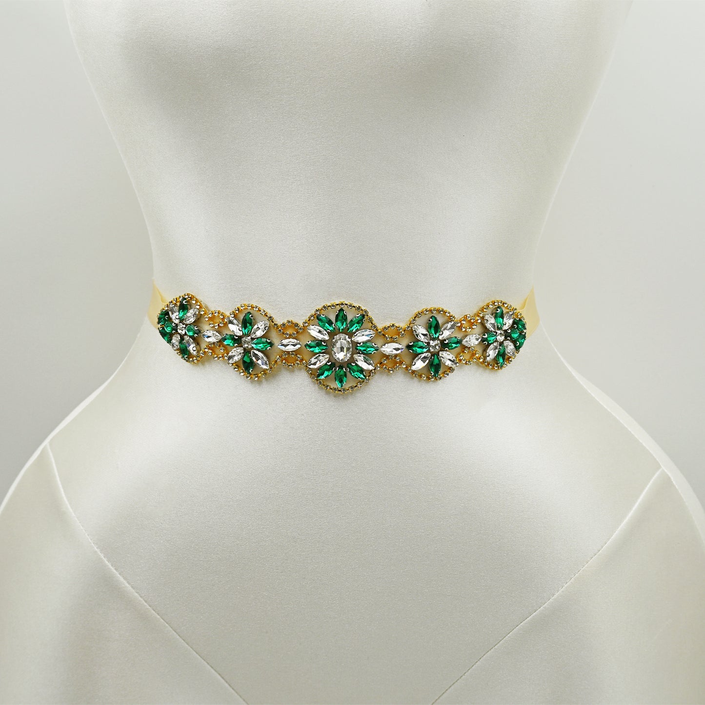 Champagne Ribbon Emerald Green Rhinestone Bridal Sash Wedding Dress Belt – Bridella BS257