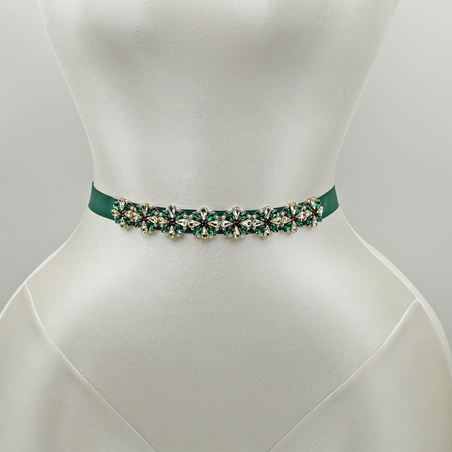 Rhinestone Pearl Ribbon Belt Wedding Prom Green Bridella BS205