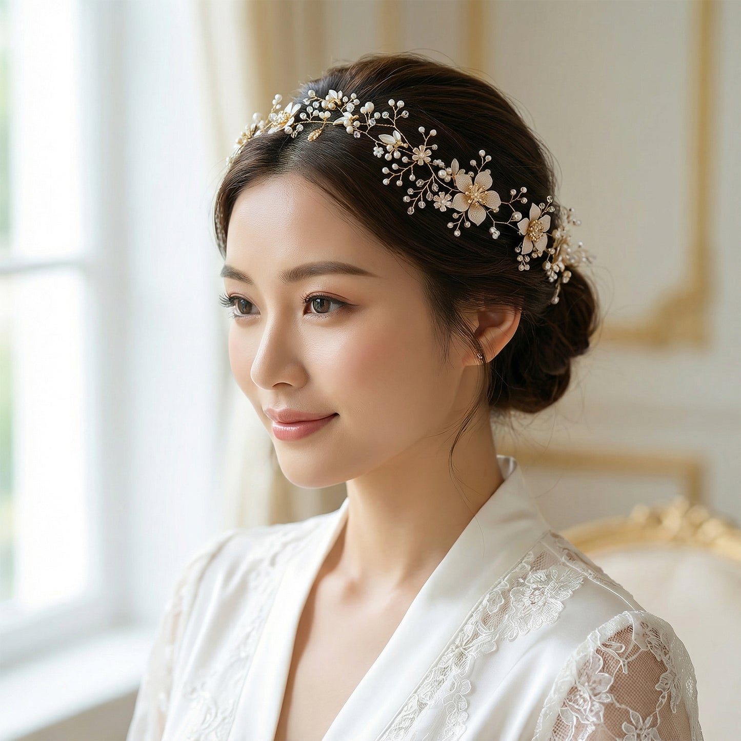 Bridella BHP357-G Gold Pearl & Alloy Headband