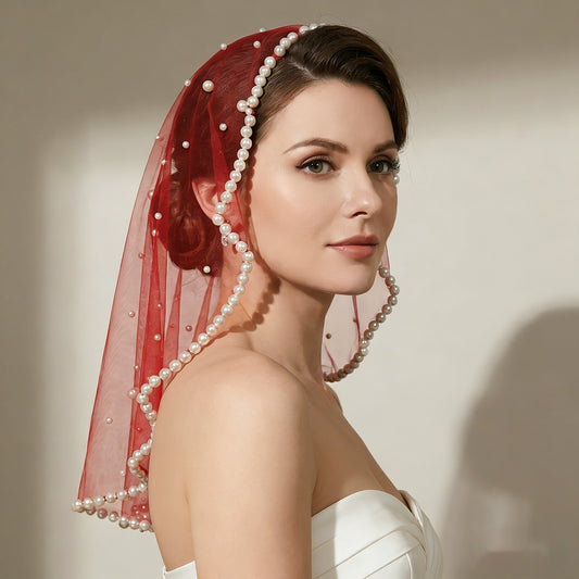 Pearl Beaded Blusher Bridal Veil Short Wedding Face Veil Bride Accessory - Bridella BVA10-R