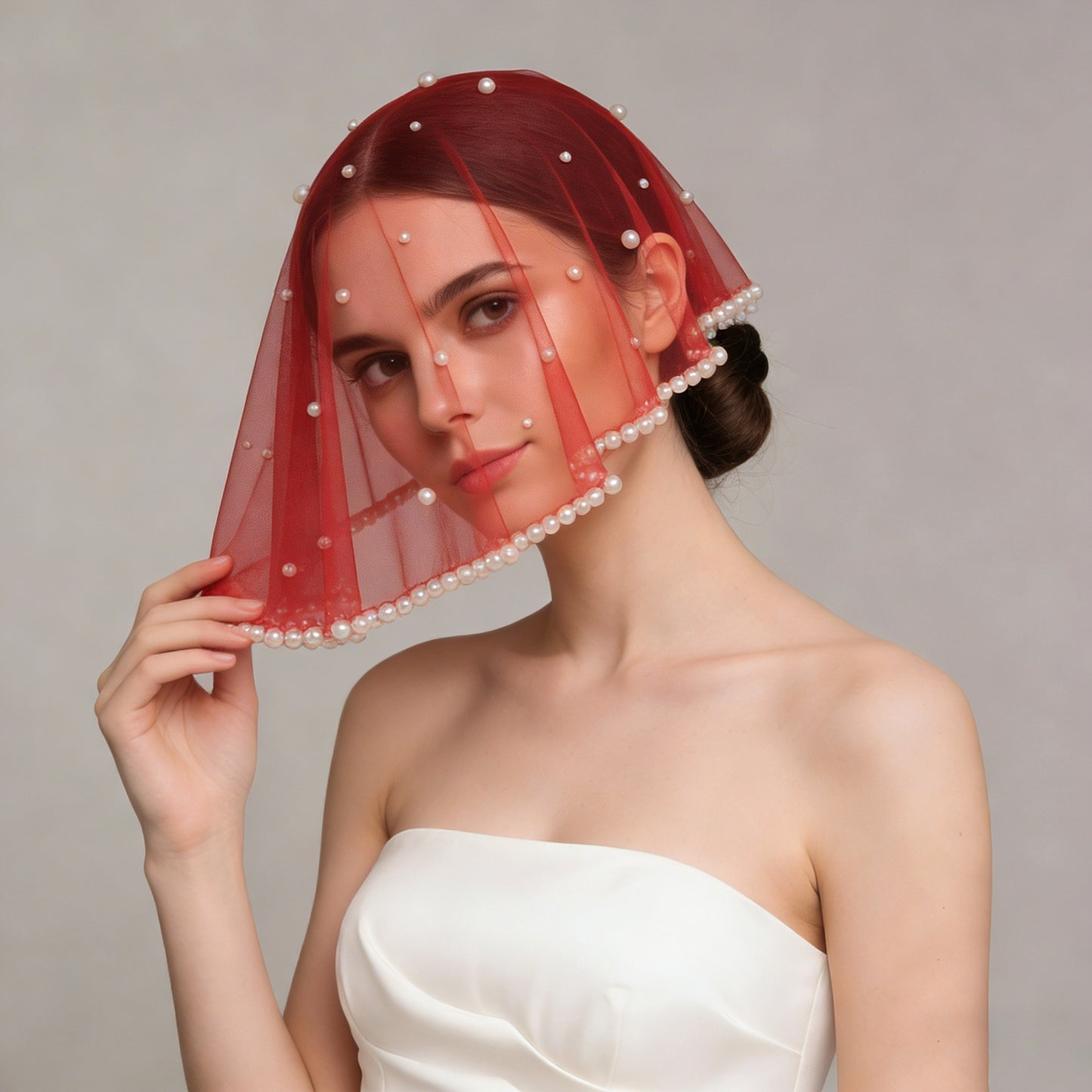 Pearl Beaded Blusher Bridal Veil Short Wedding Face Veil Bride Accessory - Bridella BVA10-R