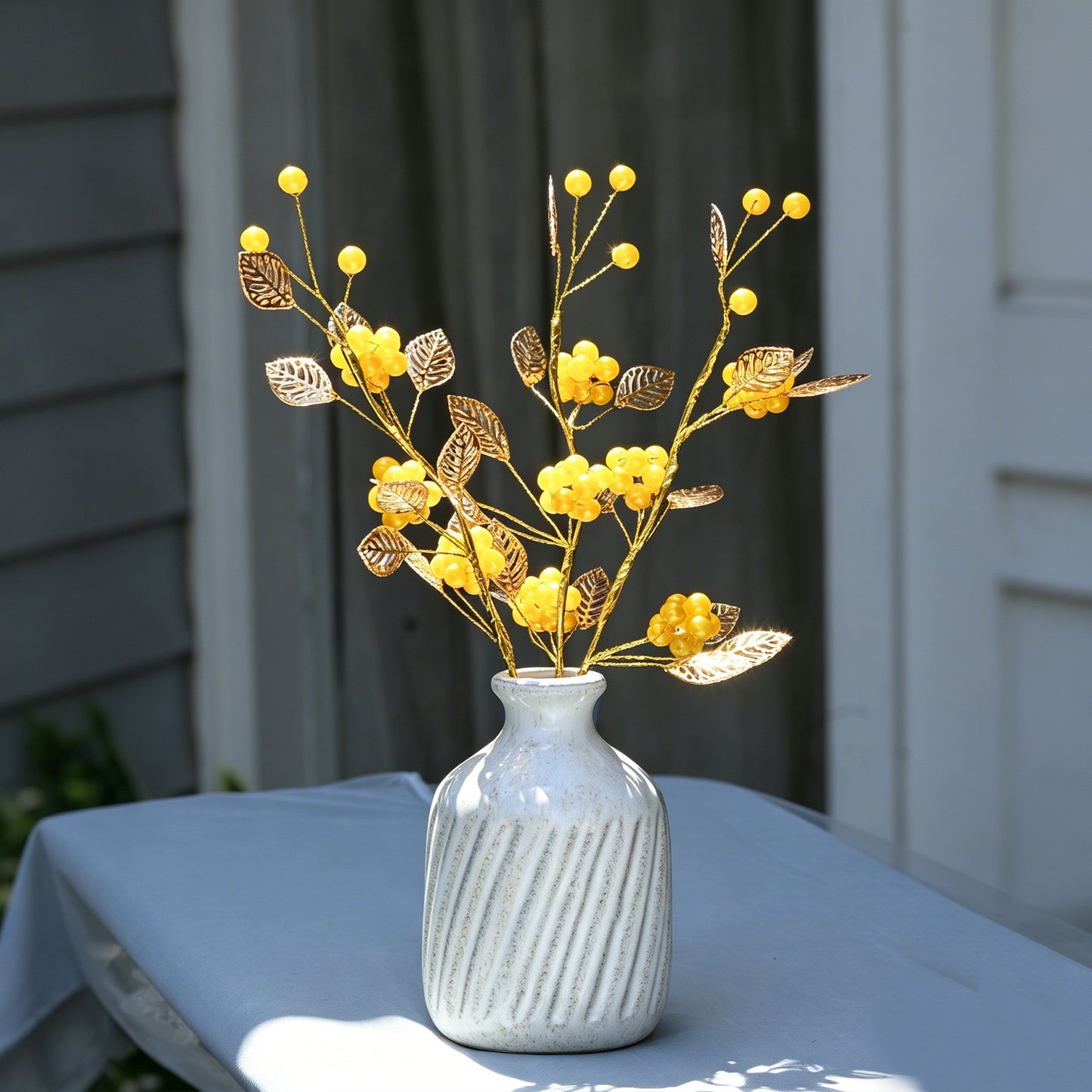 Golden Artificial Berry Stem with Metallic Leaves, Faux Red/Yellow Berry Picks K103