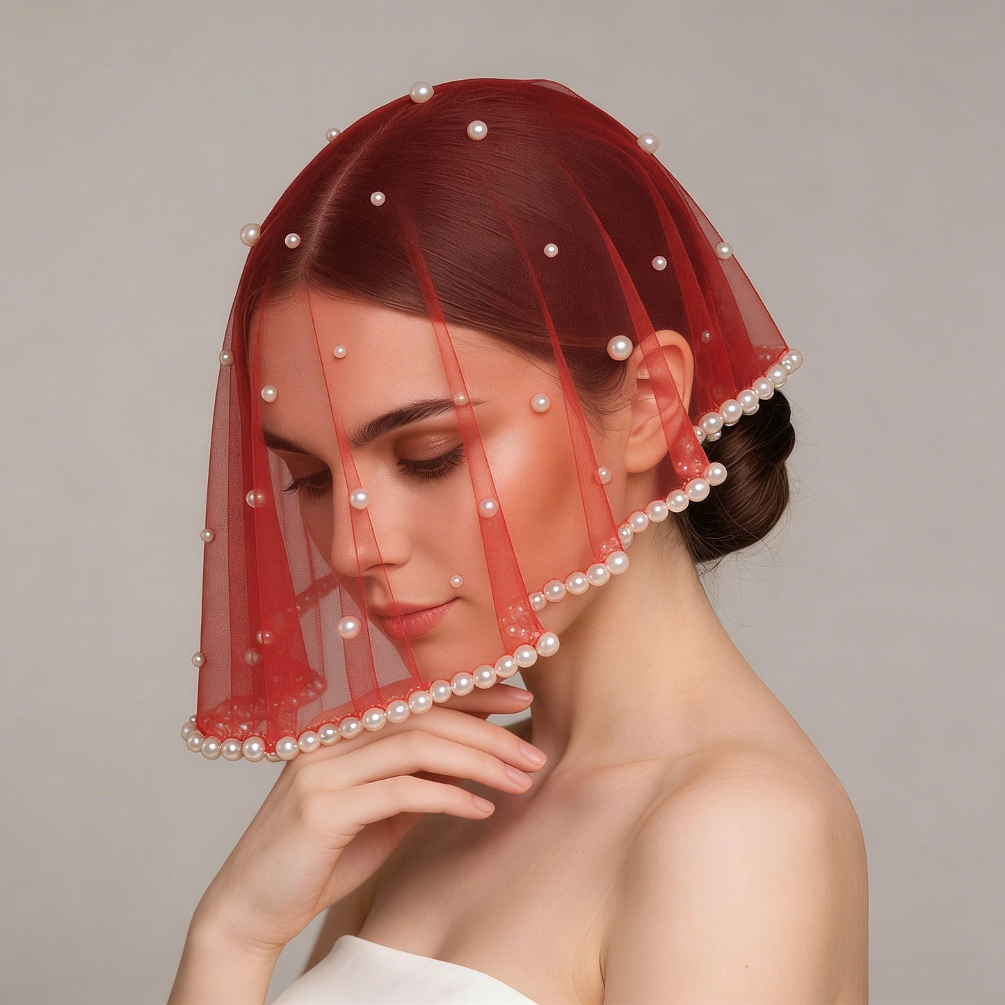Pearl Beaded Blusher Bridal Veil Short Wedding Face Veil Bride Accessory - Bridella BVA10-R