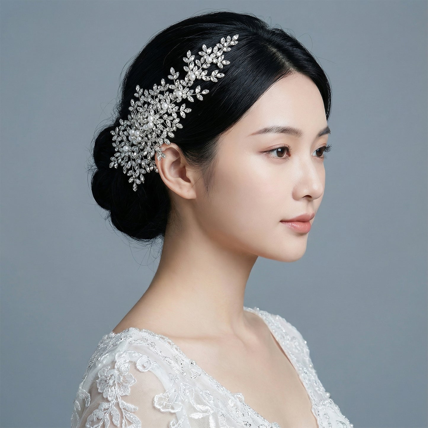 Bridella BHP434-S Silver Rhinestone & Pearl Hair Comb