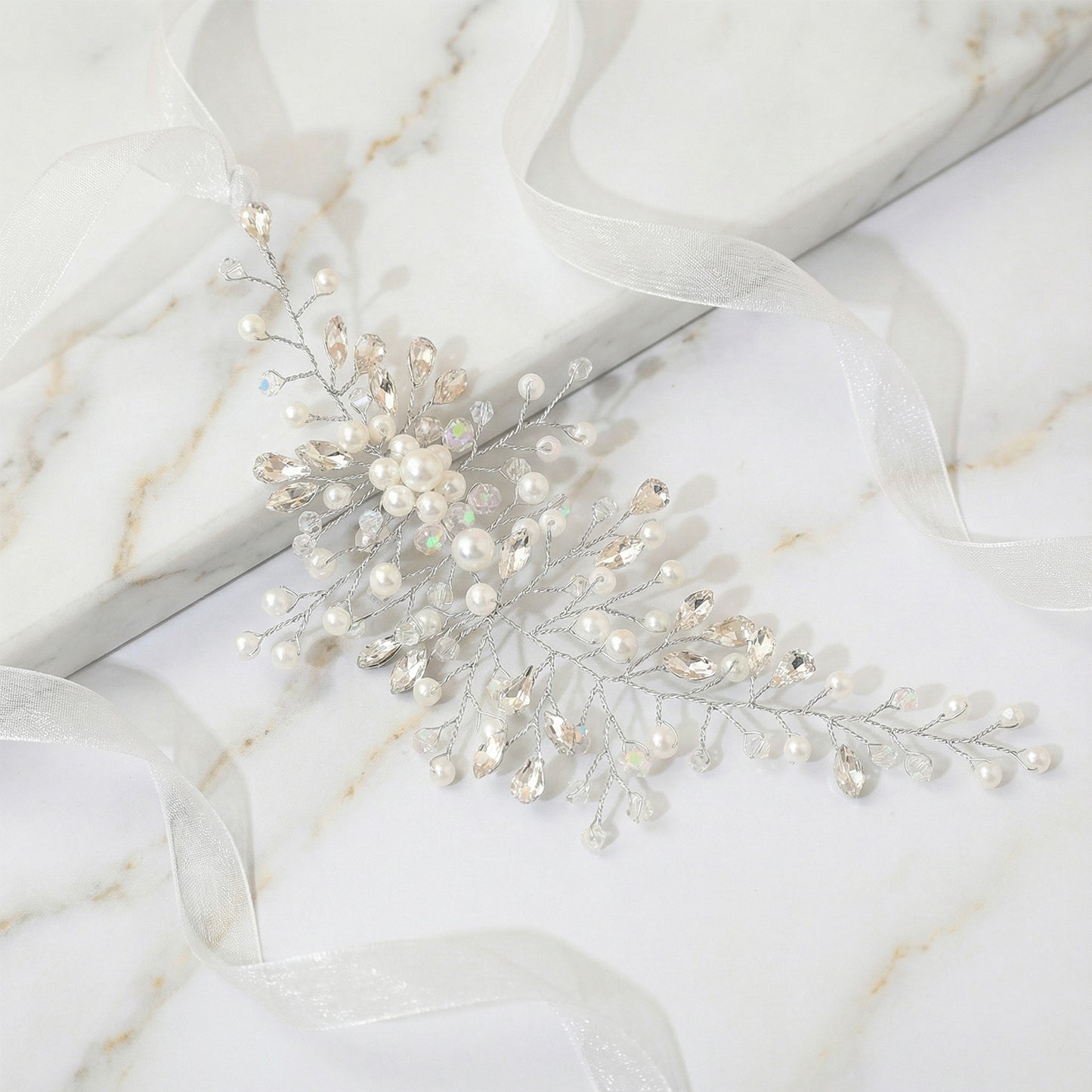 Bridella BHP84-S Silver Rhinestone & Pearl Headband