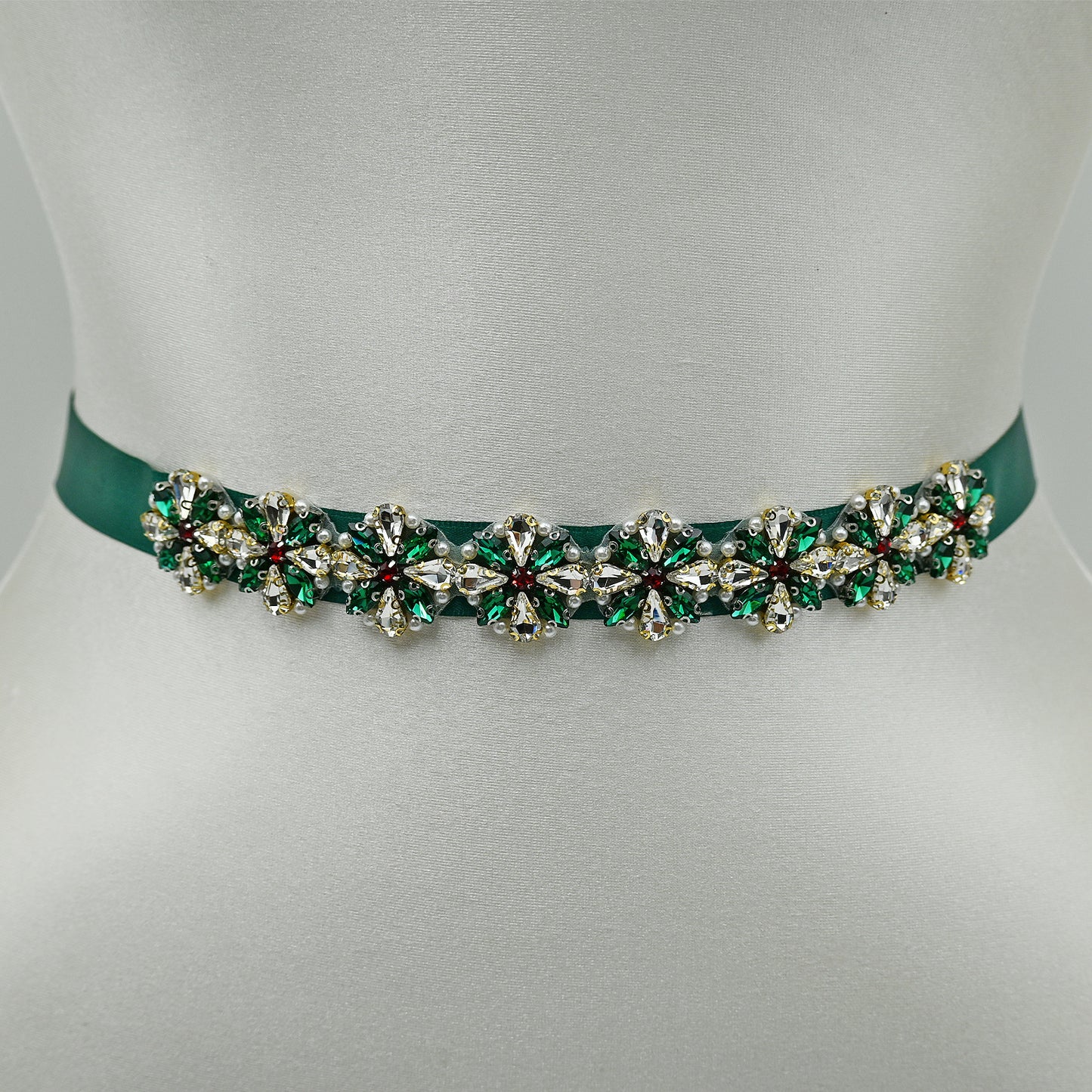 Bridella BS205-Green Ribbon Rhinestone & Pearl Belt