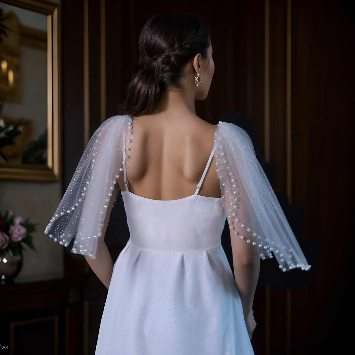 Ivory Starlight Mesh Bridal Shawl Sleeves Wedding Wrap BVG40A-XI Bridella