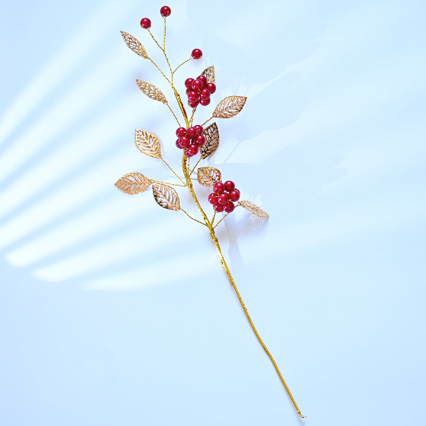 Golden Artificial Berry Stem with Metallic Leaves, Faux Red/Yellow Berry Picks K103