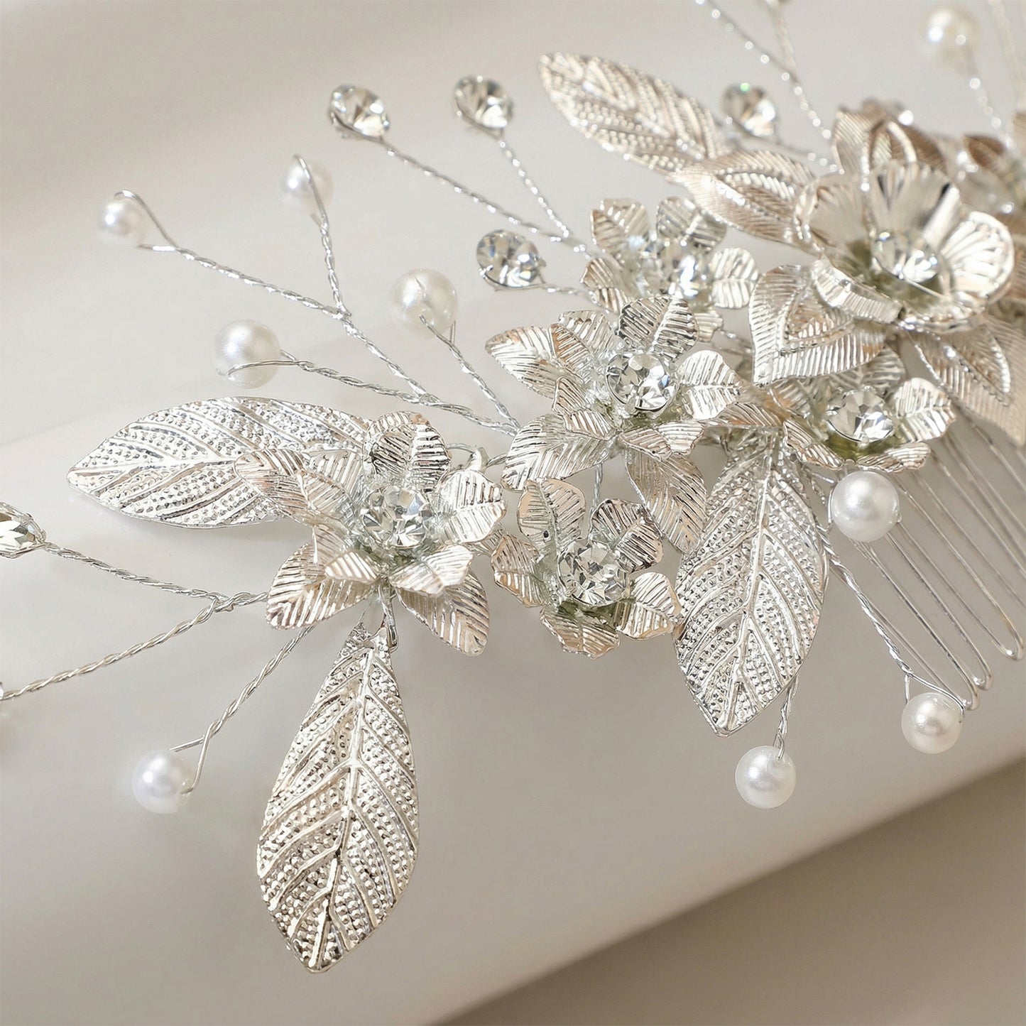 Bridella BHP520-S Silver Rhinestone & Pearl Hair Comb