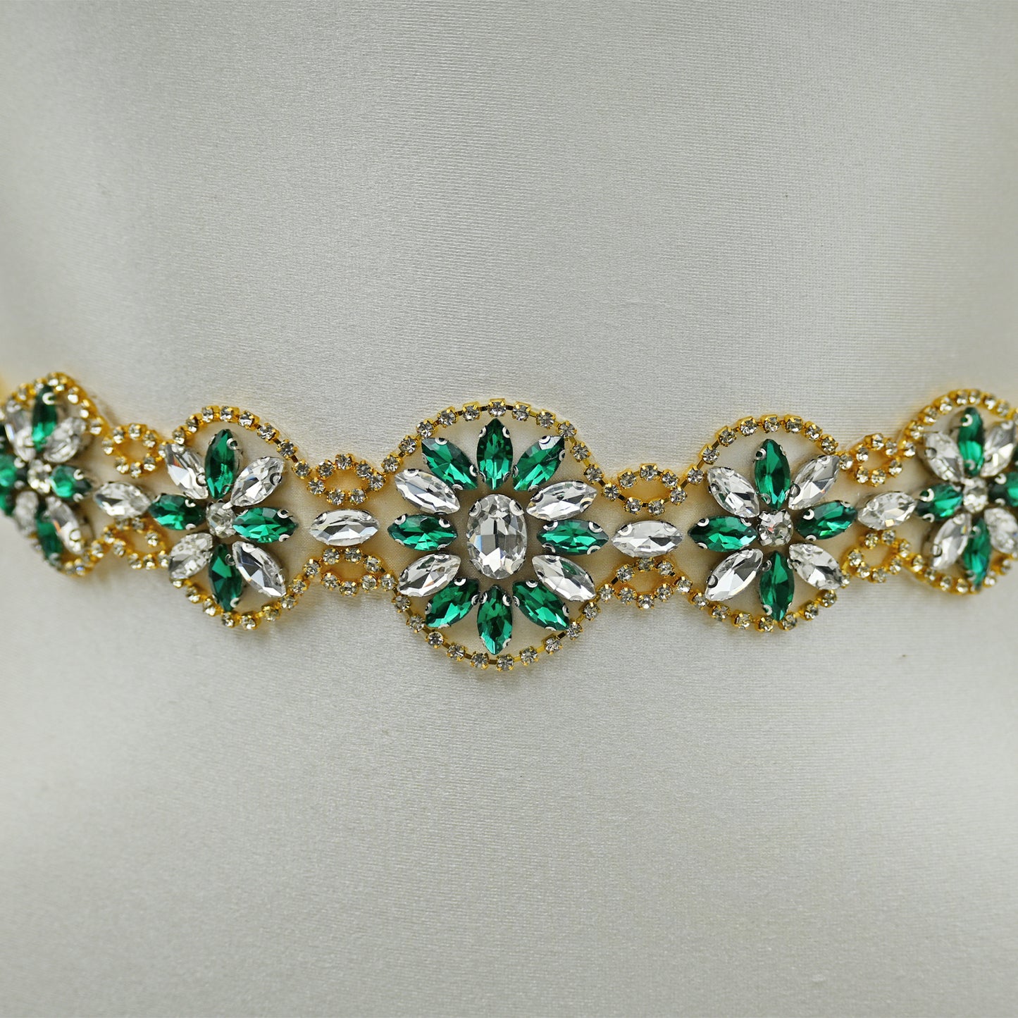 Bridella BS257- Champagne Ribbon Green Rhinestone Belt