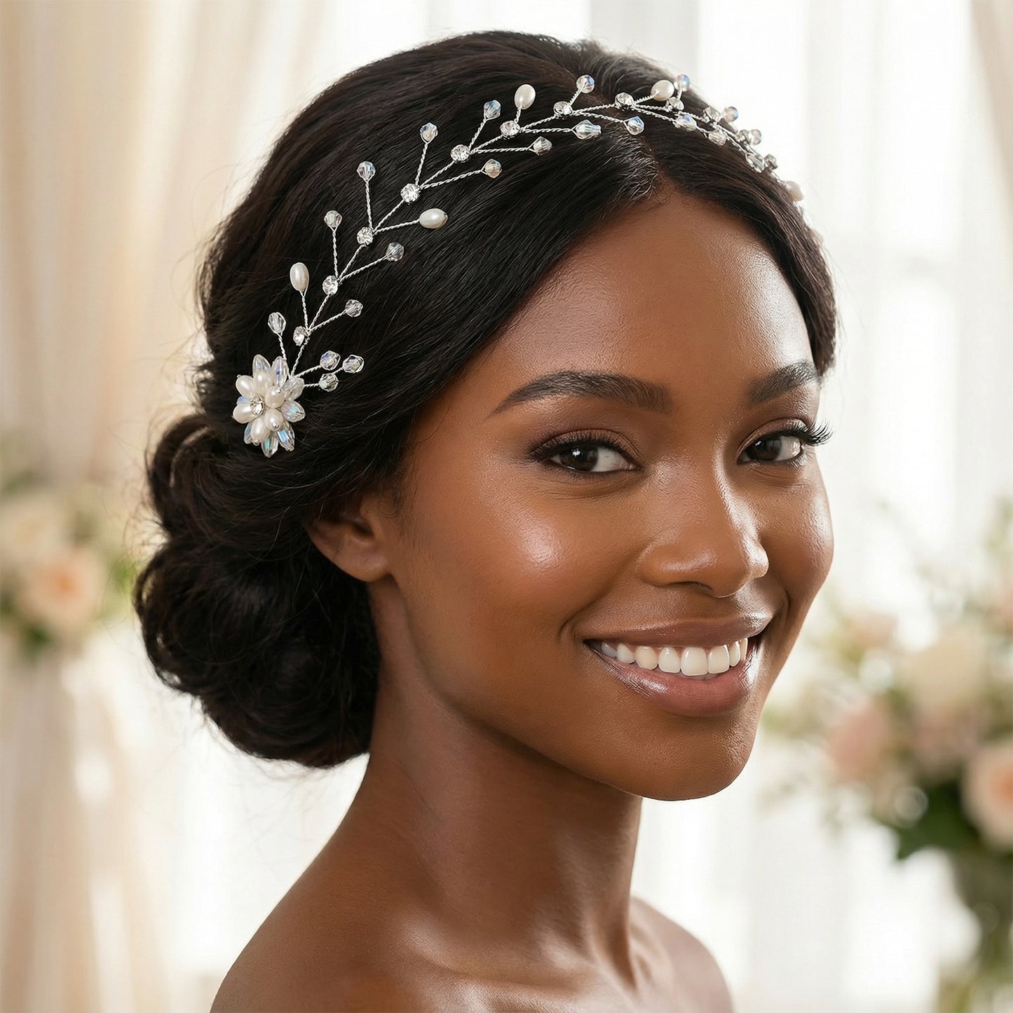 Bridella BHP35-S Silver Rhinestone & Pearl Headband
