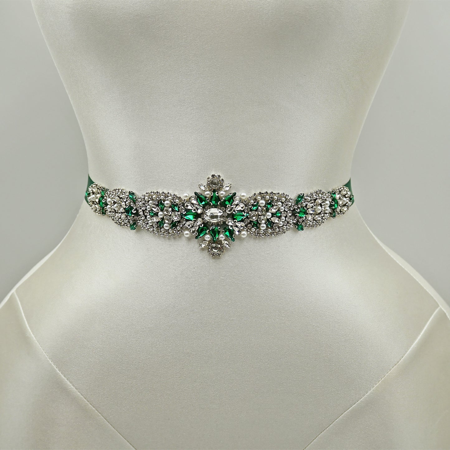 Green Rhinestone & Pearl Bridal Belt Sash for Wedding - Bridella BS84KL