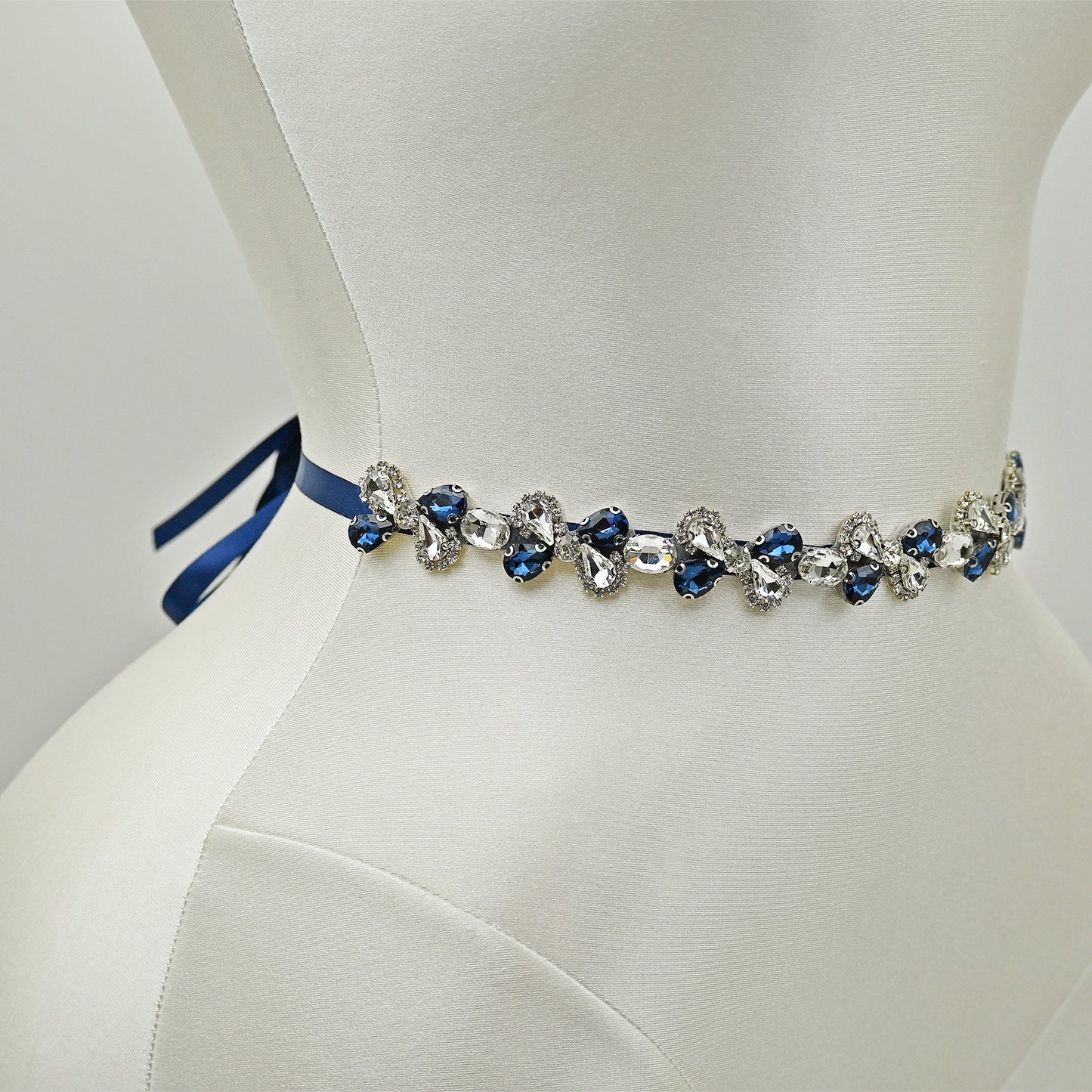 Navy Blue Rhinestone Bridal Belt Adjustable Waist Sash Bridella BS212ML