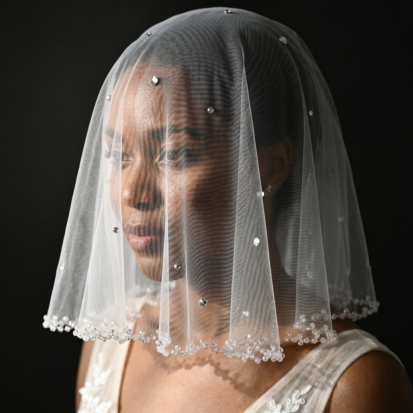Ivory Crystal Beaded Bridal Blusher Veil Rhinestone Birdcage Wedding Veil - Bridella BMA10-I