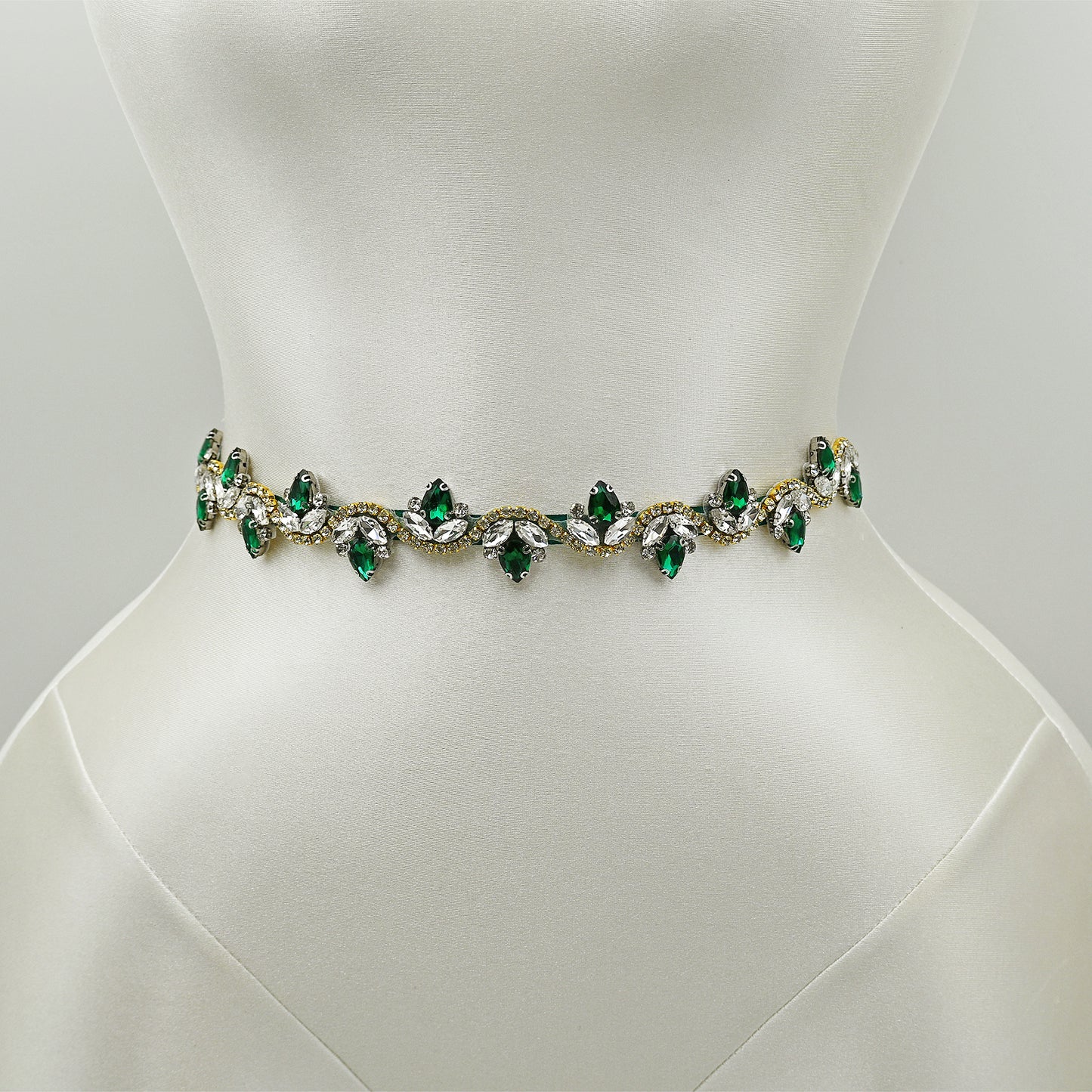 Emerald Green Rhinestone Bridal Belt with Ribbon Waist Sash Bridella BS211KL