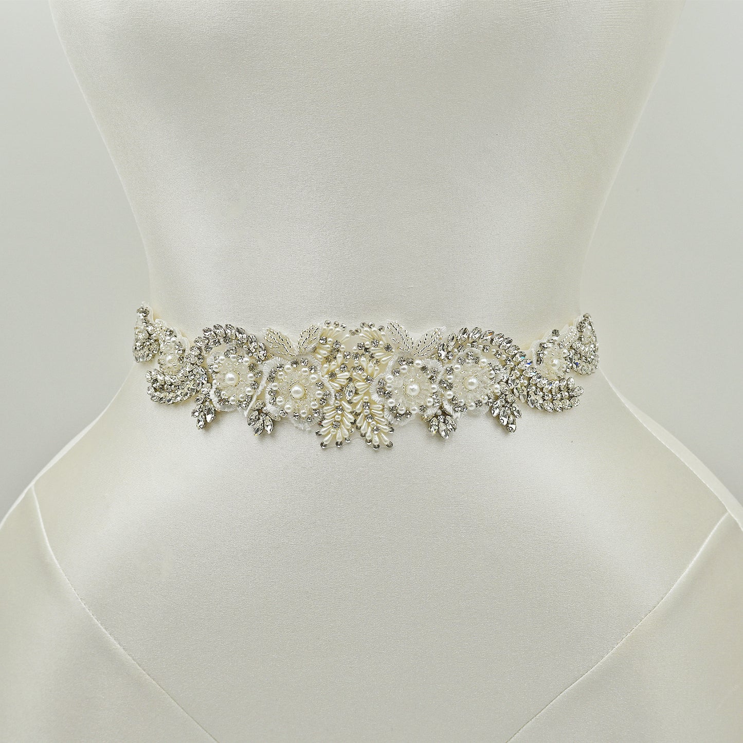 Off White Rhinestone Pearl Bridal Belt Wedding Sash - Bridella BS83