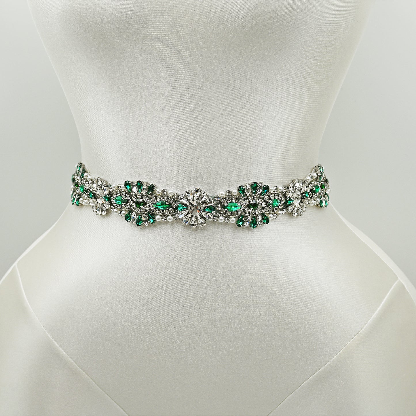 Green Rhinestone Bridal Belt with Ribbon Tie Waist Sash Bridella BS237KL