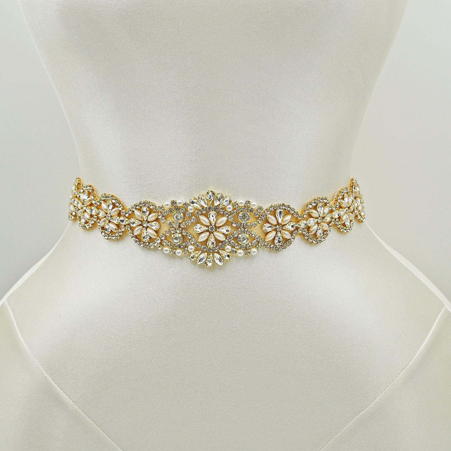 Champagne Rhinestone & Pearl Bridal Dress Belt for Wedding - Bridella BS161-G