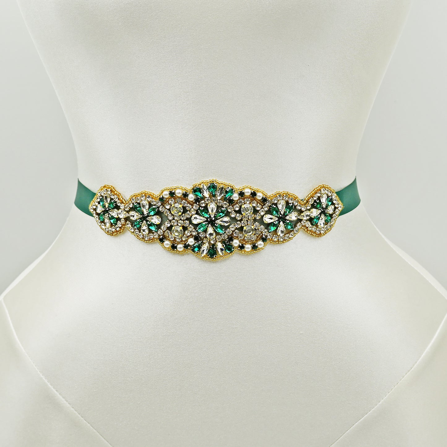 Green Rhinestone Pearl Bridal Belt Wedding Sash - Bridella BS94KL